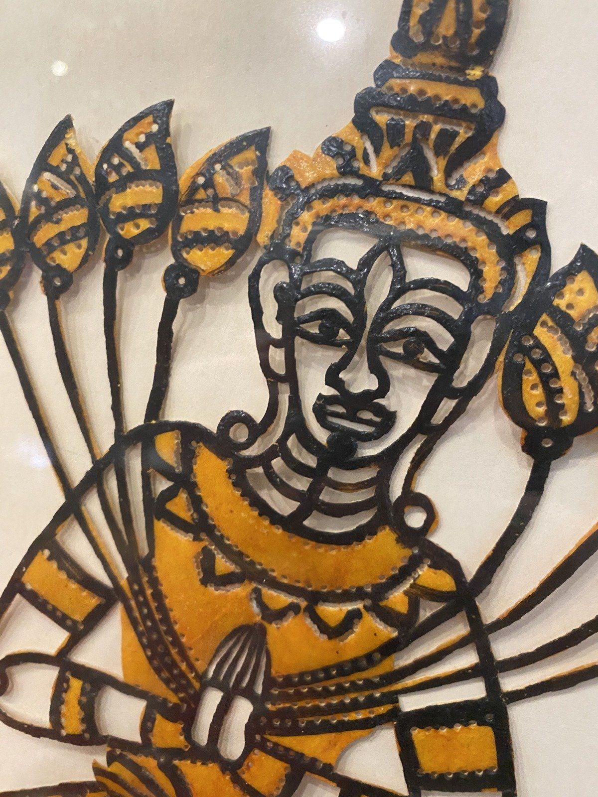 Pair of Thai Painted Leather Figural Dancers w Gilt Bamboo Node Frames 2