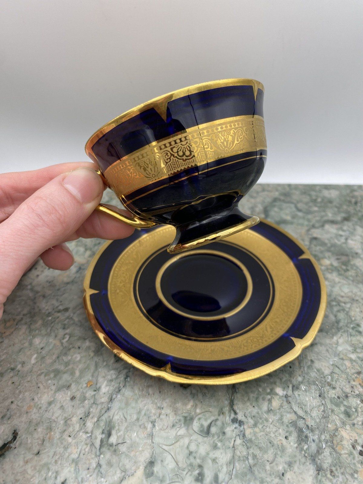 Legle Porcelaine d'Art Limoges French Cobalt + Gilt Demitasse Teacup + Saucer 4