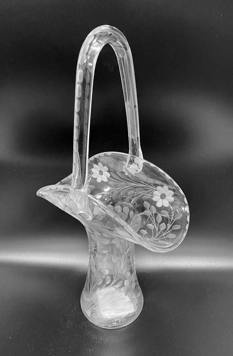 Tall L.M. white Cut Glass Basket