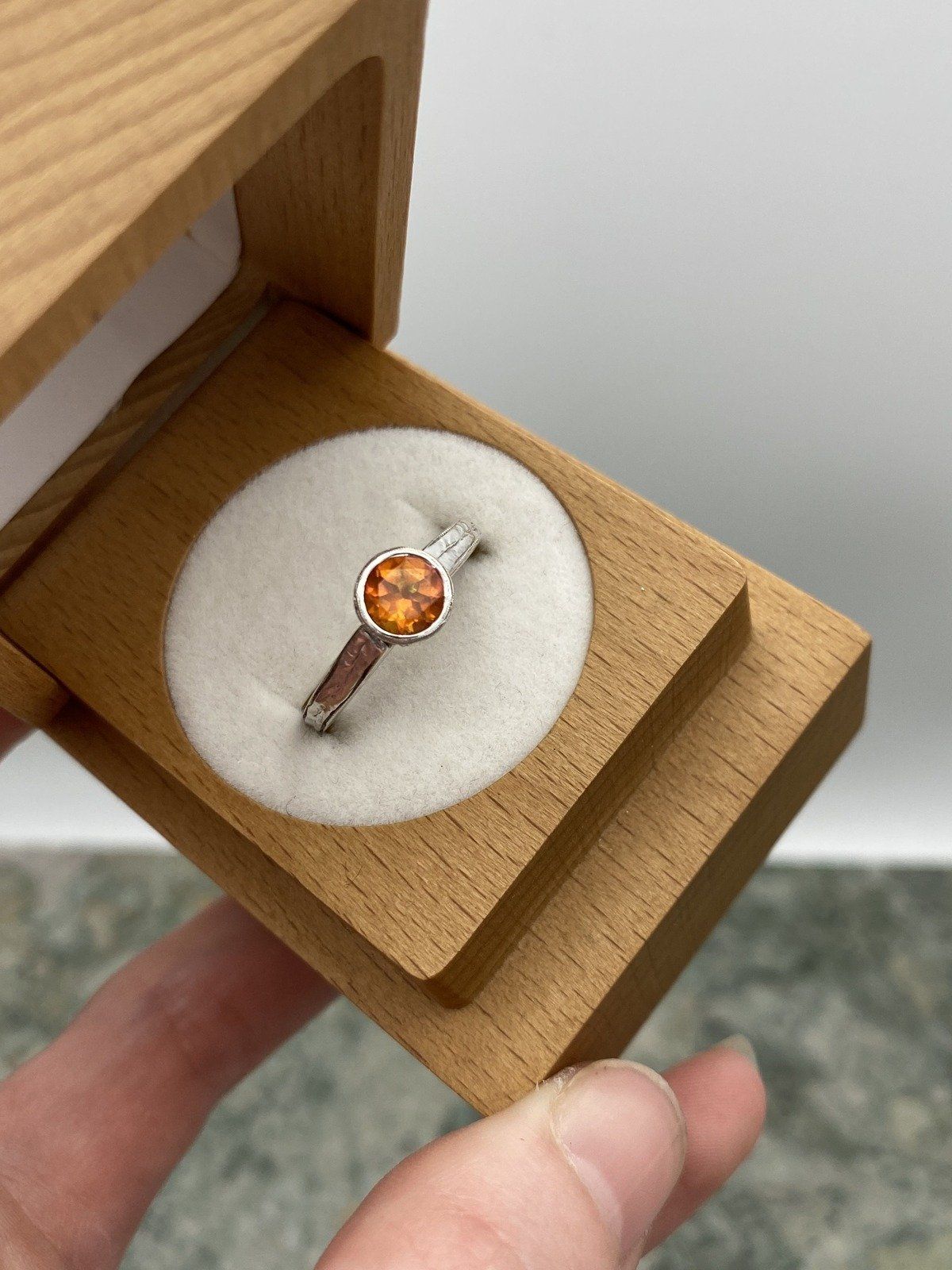 Spessartine Orange Garnet 14k White Gold Bezel Set Ring w Carved Band 12