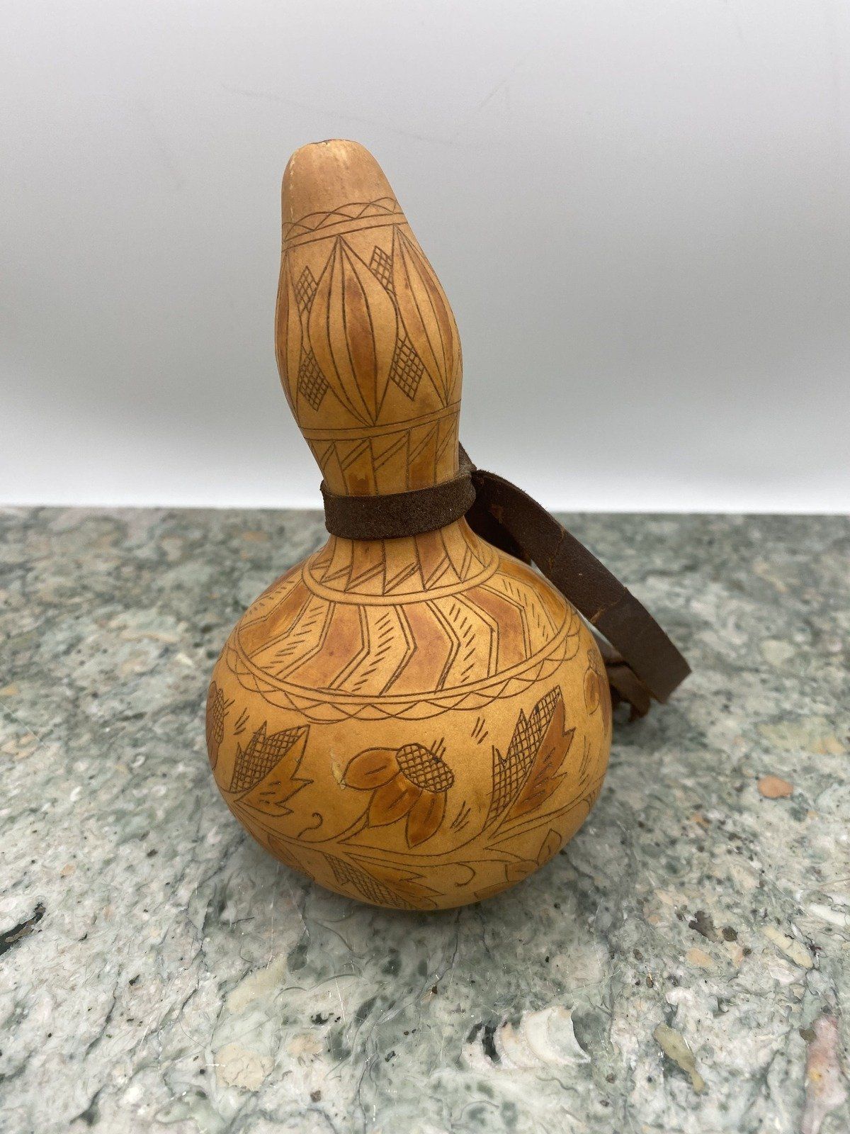 African Decorative Gourd Vessel w Leather Strap 2