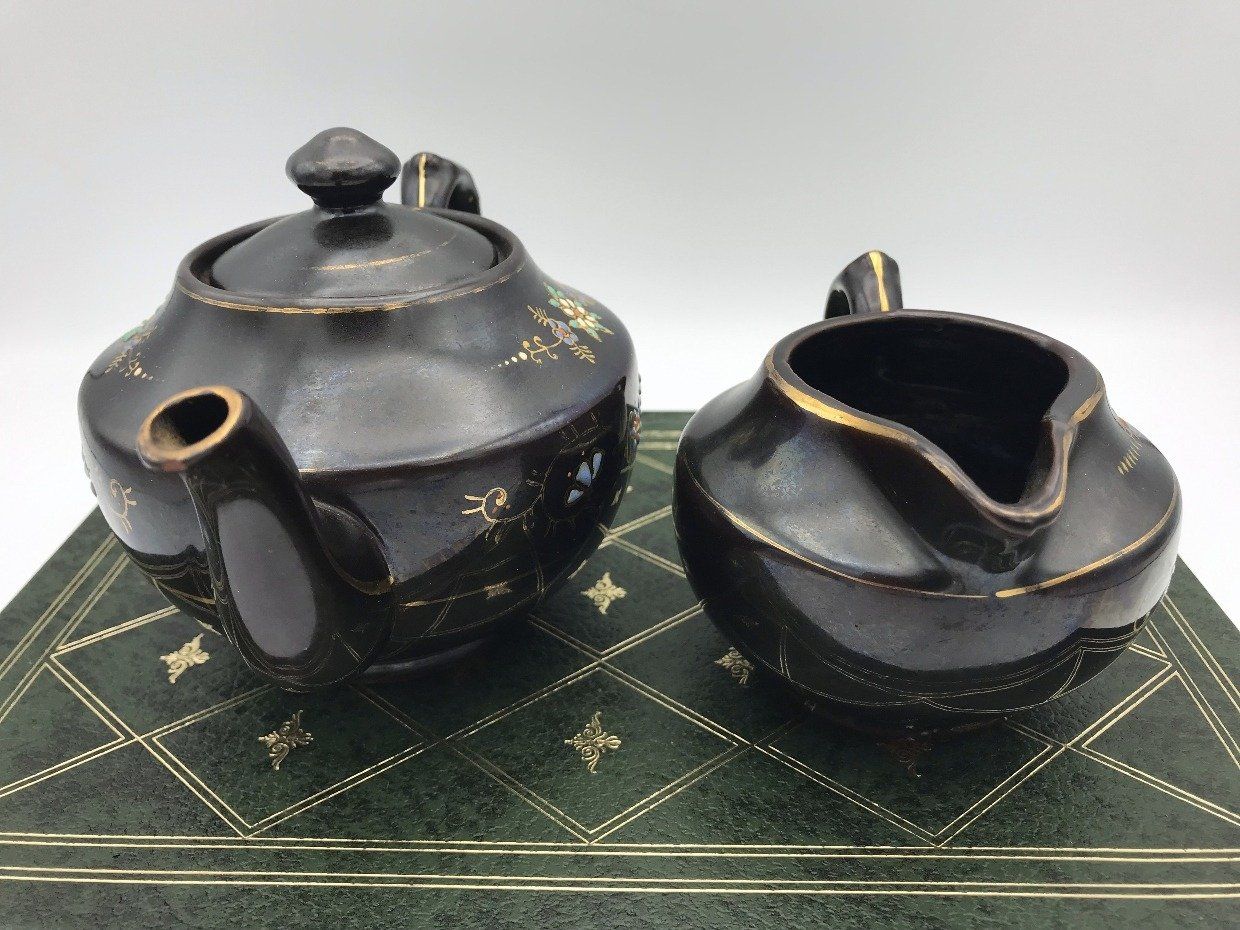Occupied Japan Black Teapot + Creamer w Colorful Enamel Painted Motif 3