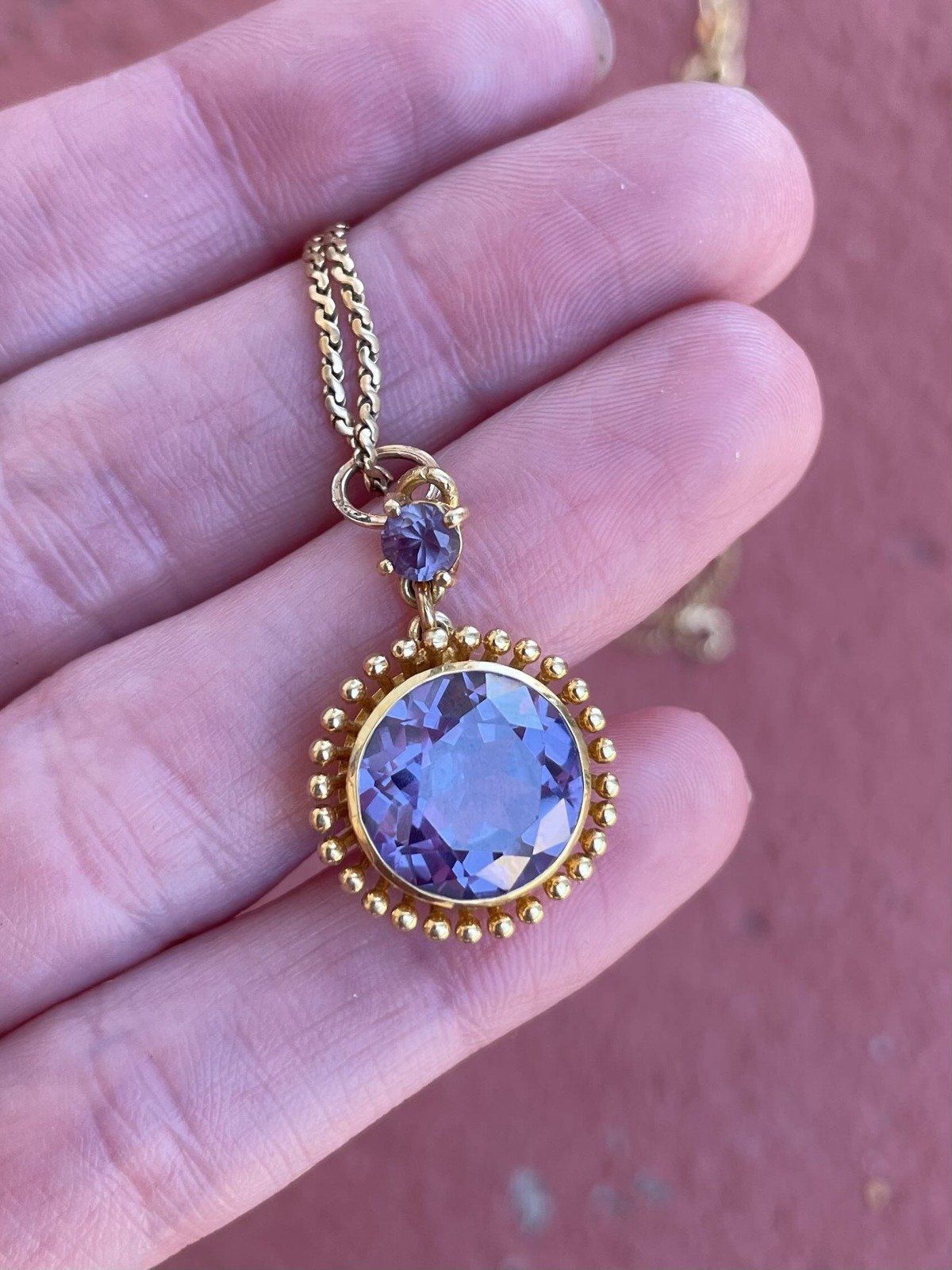 Antique 22k Gold XL Alexandrite + Milgrain Bezel Necklace + 18k Gold 22L Serpentine Chain Necklace 2
