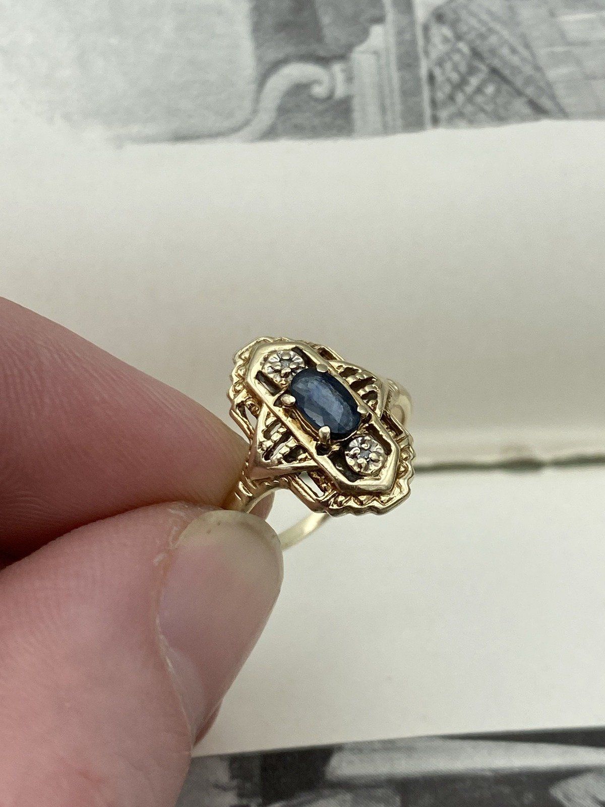 Precious Antique 14k Gold Oval Blue Sapphire Reticulated Navette Pinky Ring 5