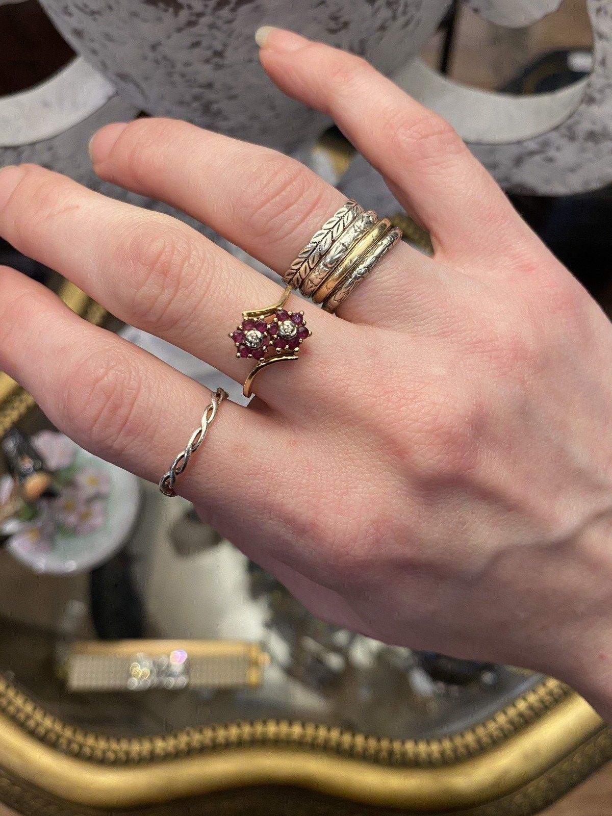 Vintage 10k Gold Ruby Double Flower Bypass Ring w Diamond Centers #2768 5