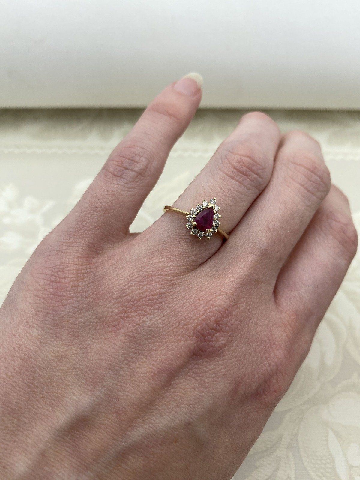 14k Gold Pear Cut Natural Ruby + Diamond Ring 4