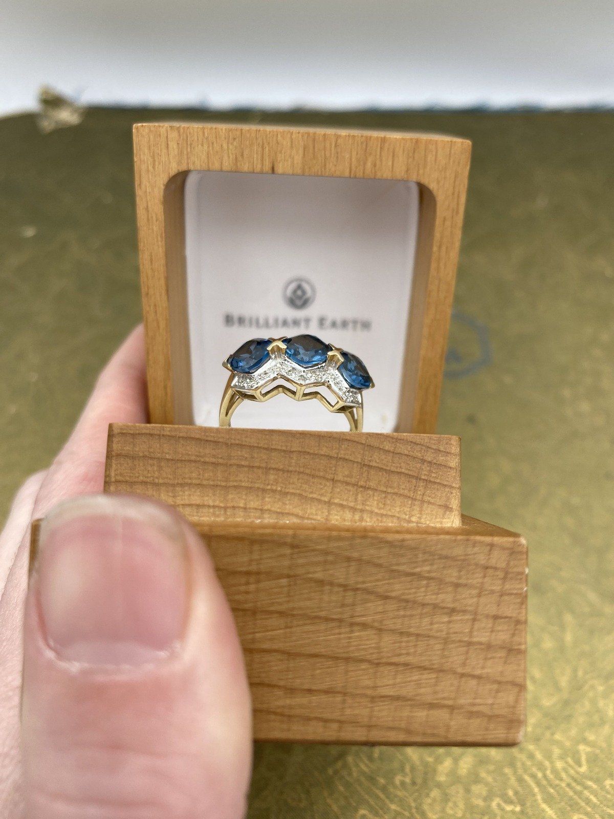 14k Gold Blue Tourmaline + Diamond Cushion Trio Ring 3