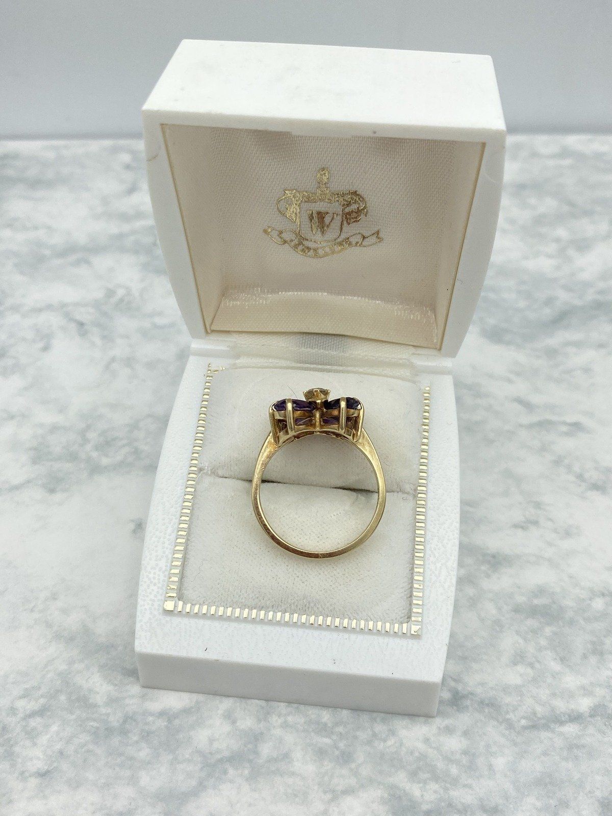 Vintage c.1950s 10k Gold 4 Petal Amethyst + Diamond Clover Ring w Brushed Leaf Secondary Detail 3