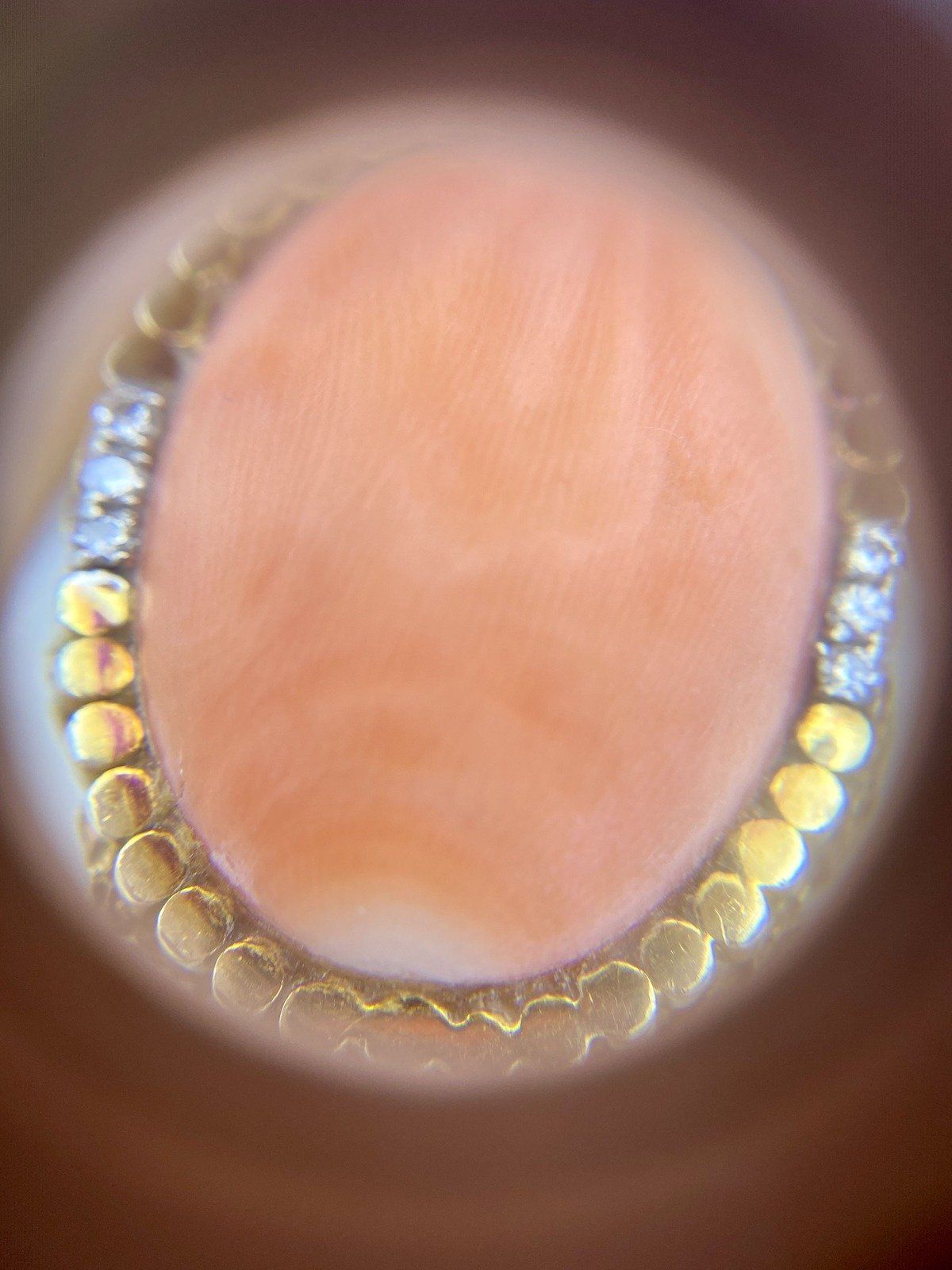 Near Antique c.1930s 14k Gold Nugget + Angel Skin Coral Regale Ring w Diamond Accents 13