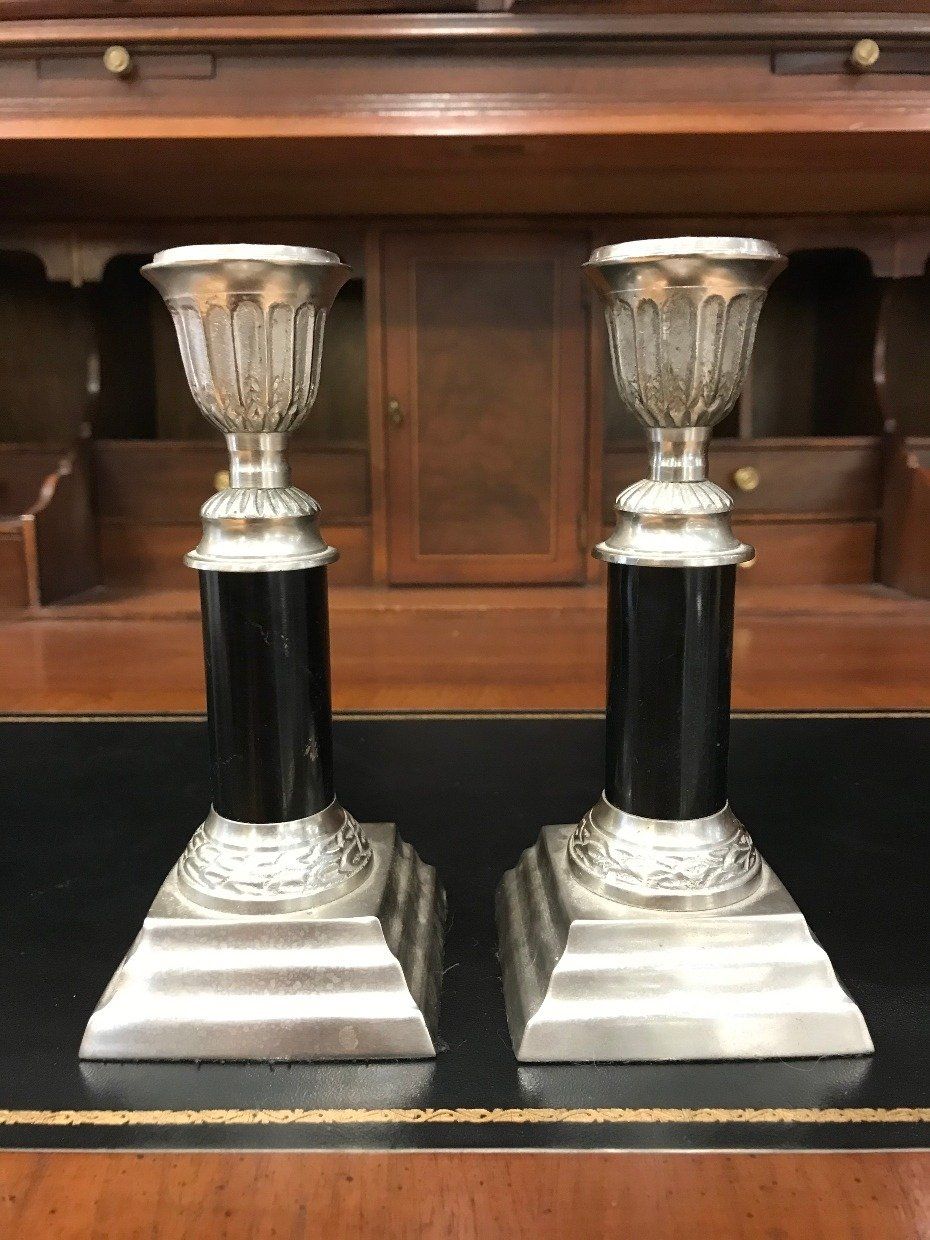 India Made Pewter Candle Stick Holders w Black Stems