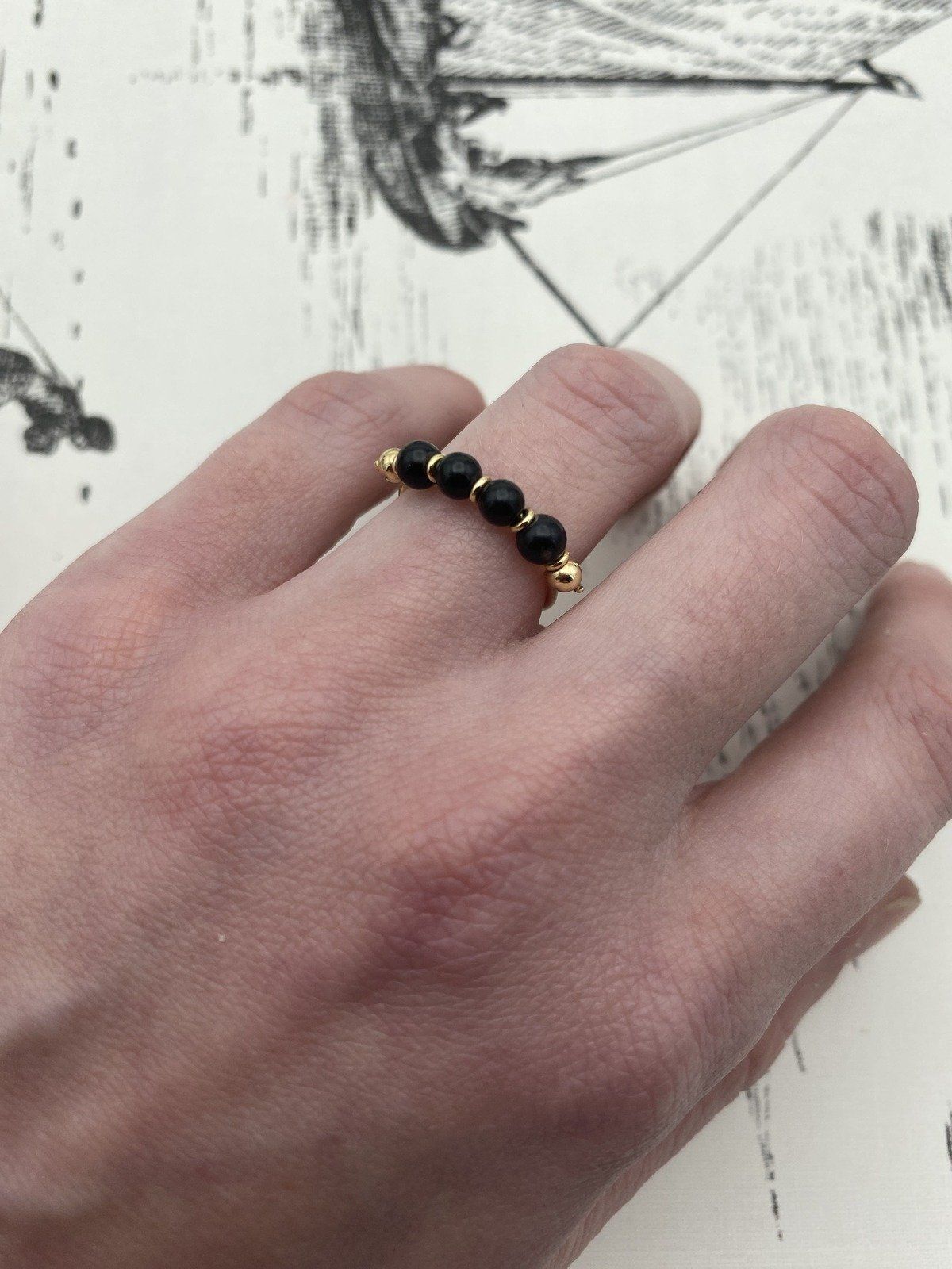 Vintage 14k Gold Spherical Onyx Bead Ring Band #2218 6