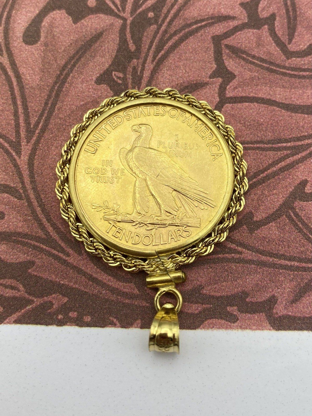 1926 $10 Indian Head Gold Eagle Coin in 14K Rope Bezel Pendant 3