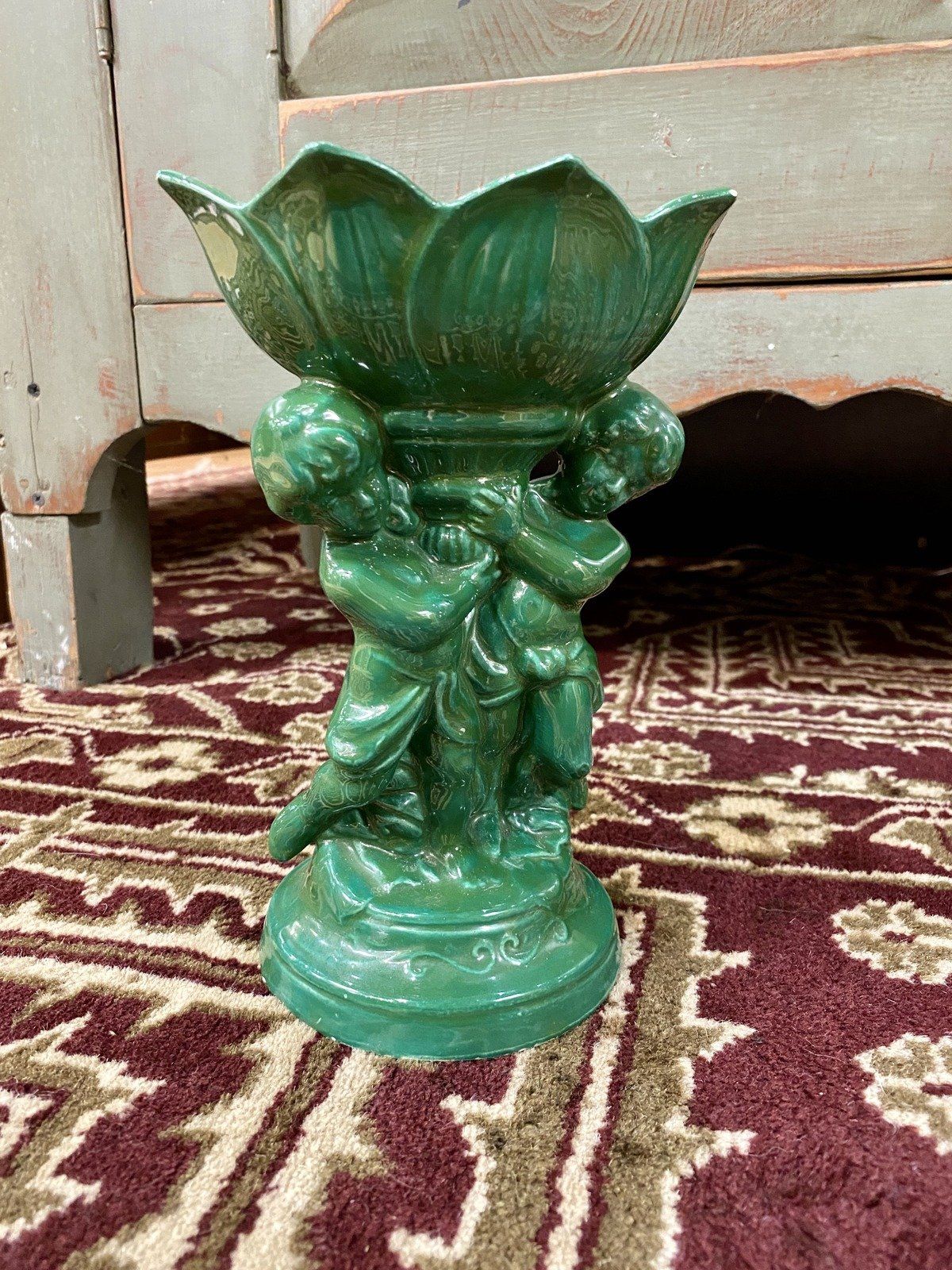Vintage Signed VERNA GALLOWAY Twin Cherub Lotus Green Ceramic Pedestal Dish