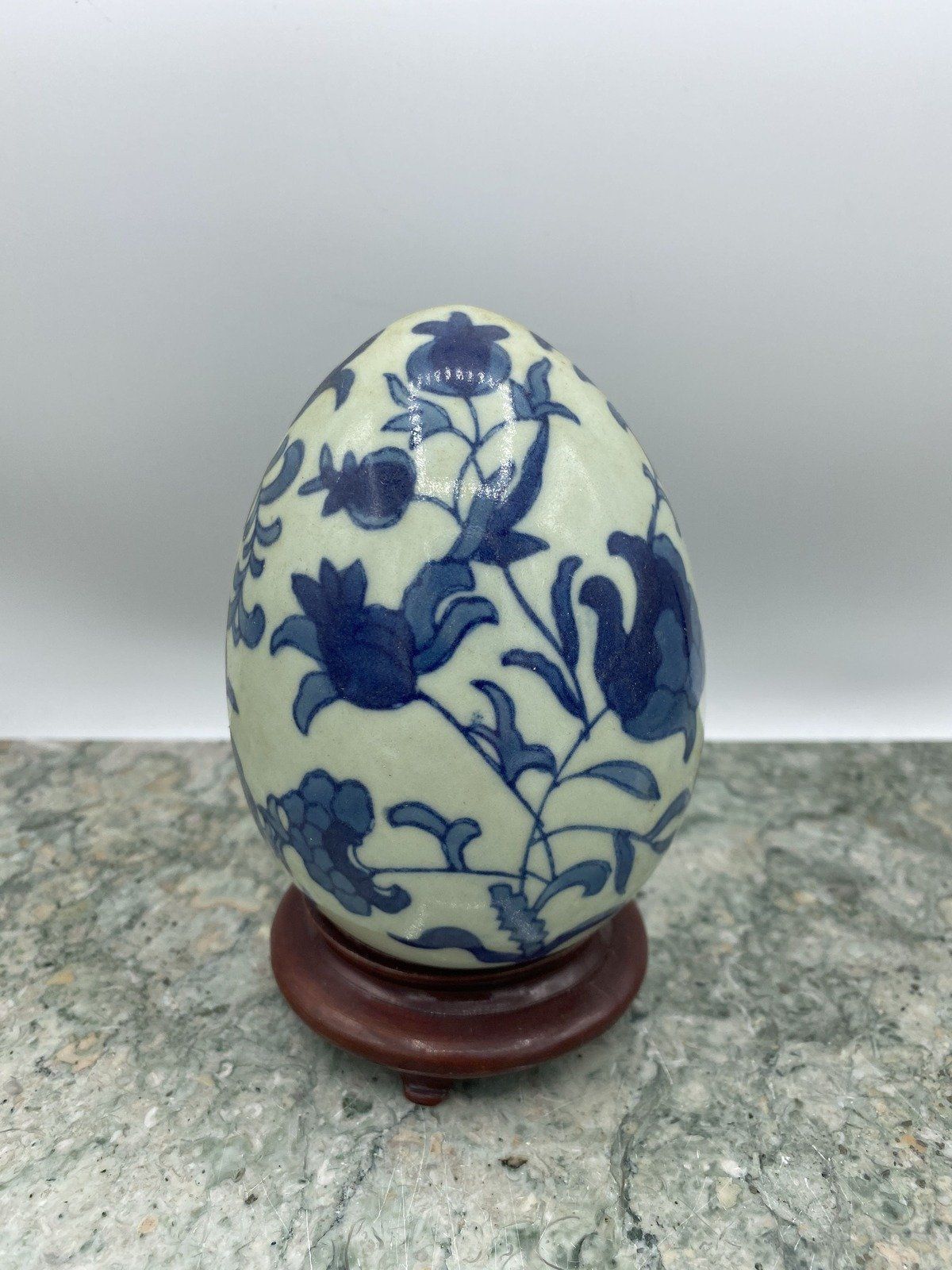 Vintage Flow Blue Ceramic Egg on Fishbowl Sand 2
