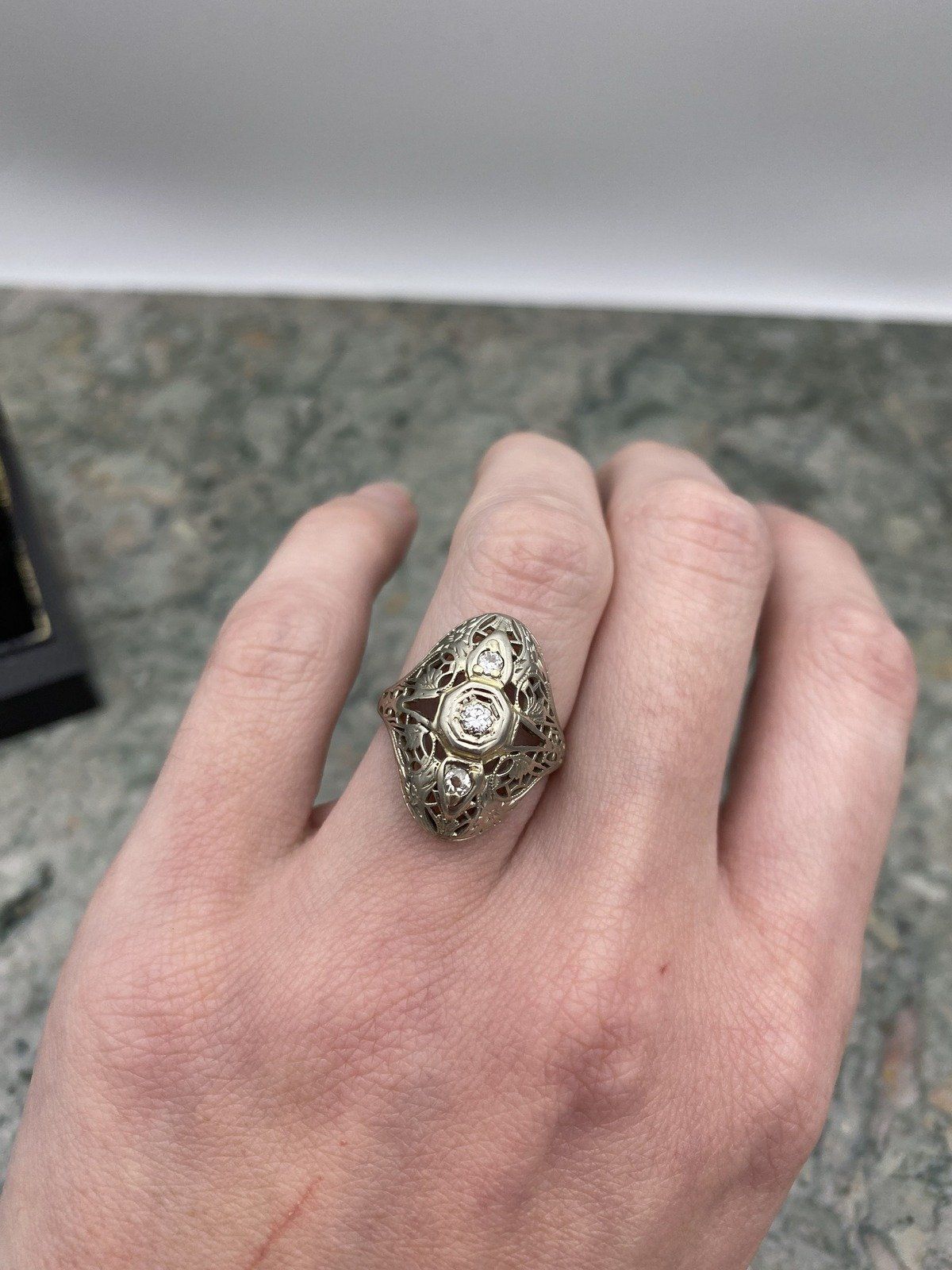 Antique 14k White Gold Domed Filigree Diamond Engagement Ring 4