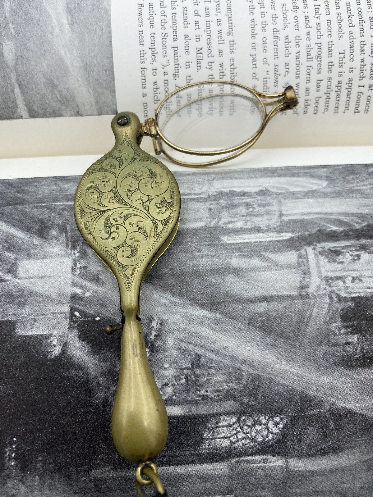 Antique Edwardian Etched Brass Lorgnette Opera Eye/Reading Retractable Glasses w Grosgrain Cord 4