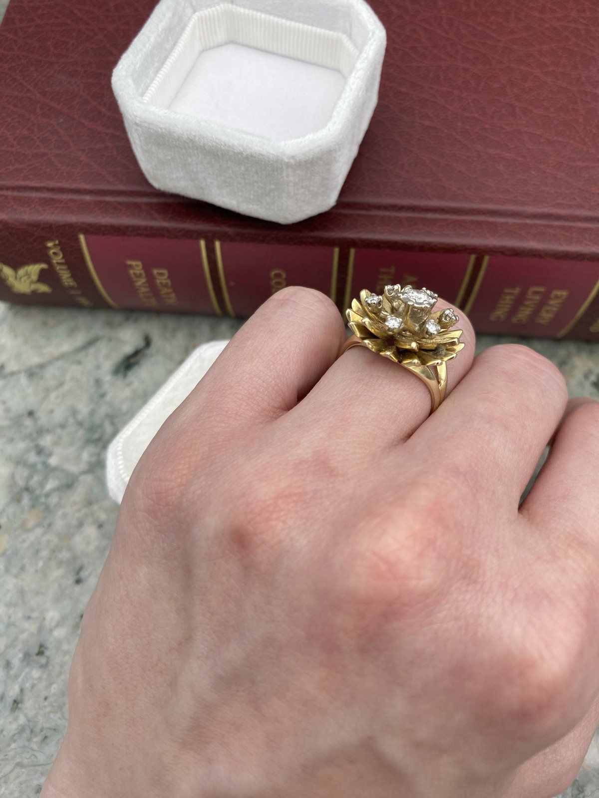 14k Gold Vintage Mid Century c.1950/60s Daisy Diamond Stamen Burst Ring 7