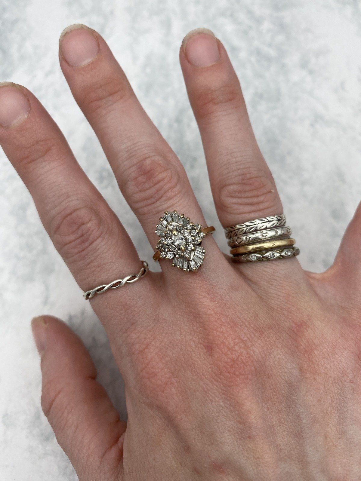 14k Vintage Diamond Spray Cluster Burst Ring w Baguettes + Marquise Center Diamond Ring 4