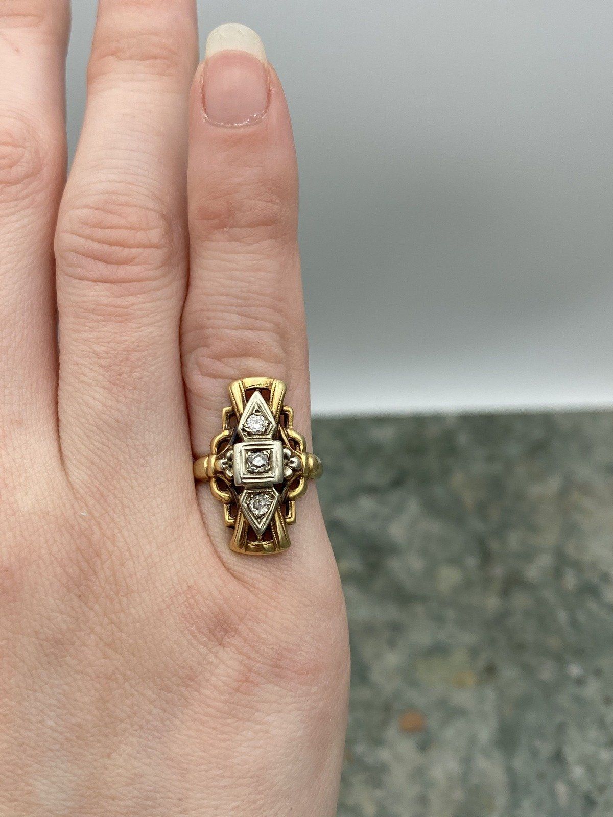 Antique 14k Gold Skeletal Diamond Navette Ring w White Gold Setting #2768 5