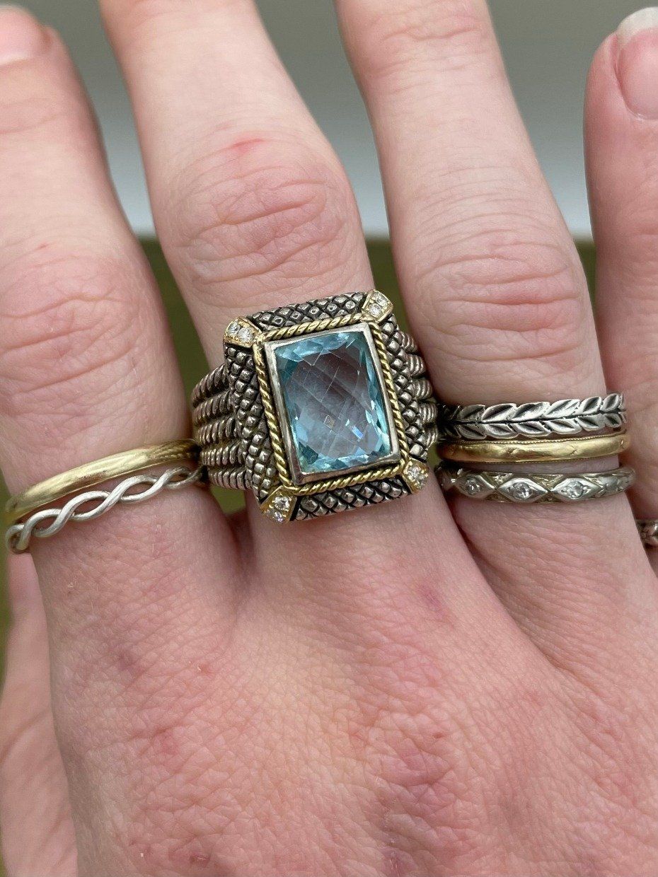 Lg Yurman *Style* Designer Sterling Silver + 18k Blue Topaz Ring w Diamond Accents 6