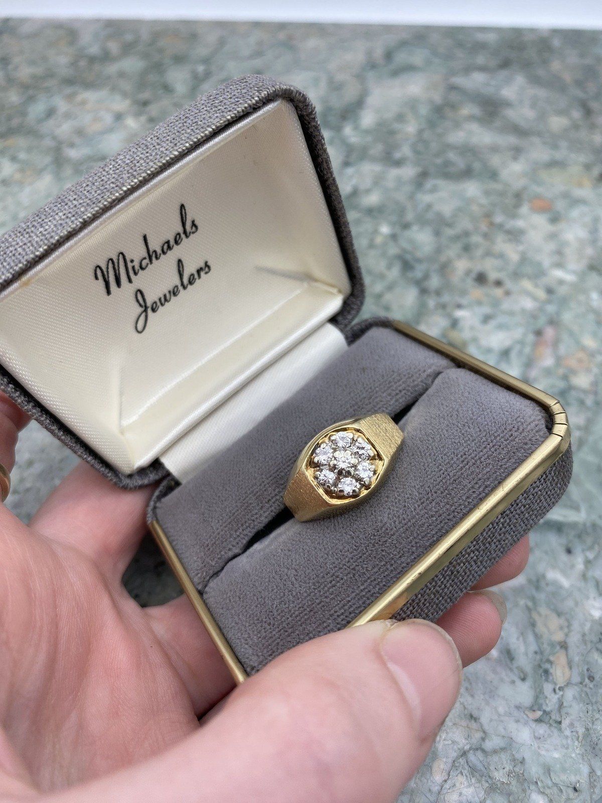 Men's Dapper 14k Gold .7ctw Diamond Cluster Ring w Bright Gold Brushed Shoulder Texture 2