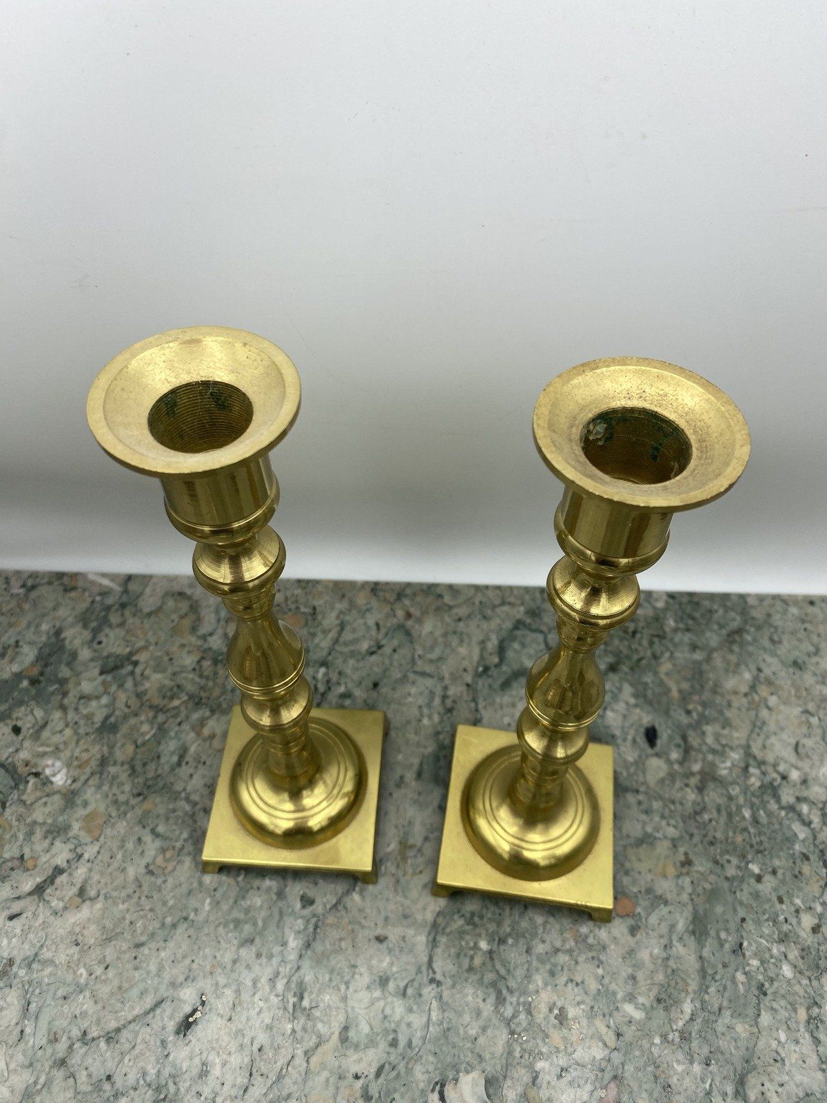 Pair of Shiny Clean Brass Candle Stick Holders w Square Base 2