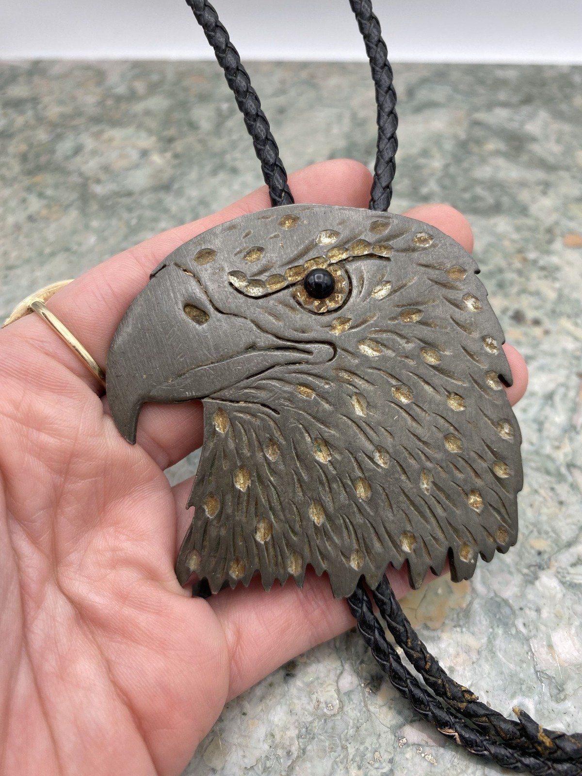 Vintage Large Silver Plated Eagle Carved Bolo Tie Necklace 3
