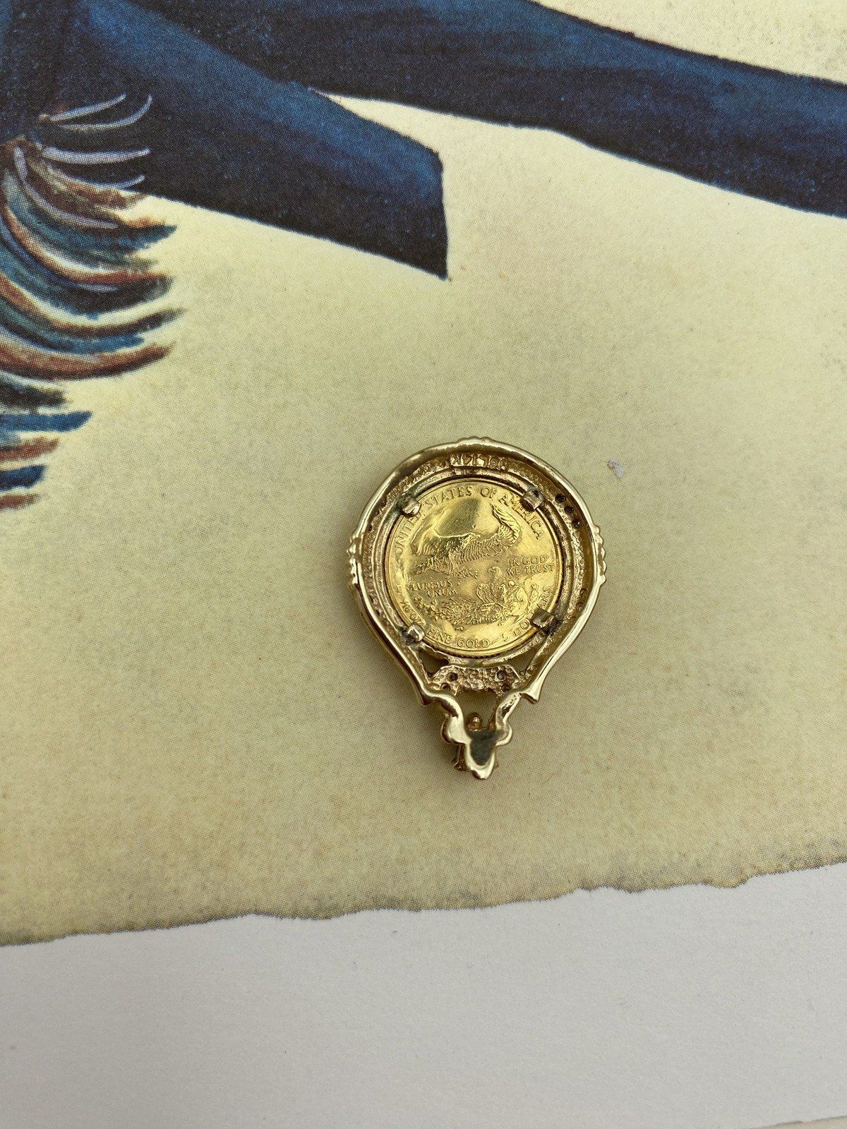 1/10 oz $5 American Gold Eagle Coin with 14k Ornate Dual Gold Bezel + Sapphire & Diamond Accents 3