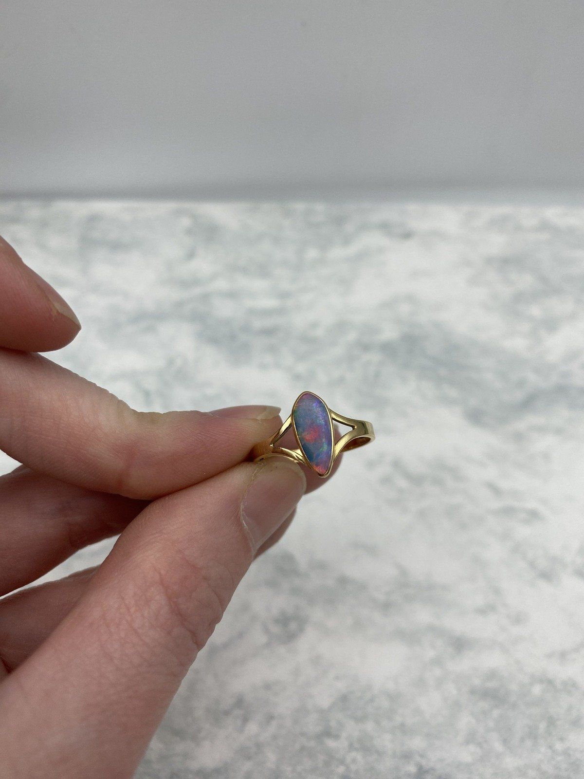 Lovely Narrow Pear 14k Gold Black Opal Ring w Lovely Fire + Split Shoulder Design 6