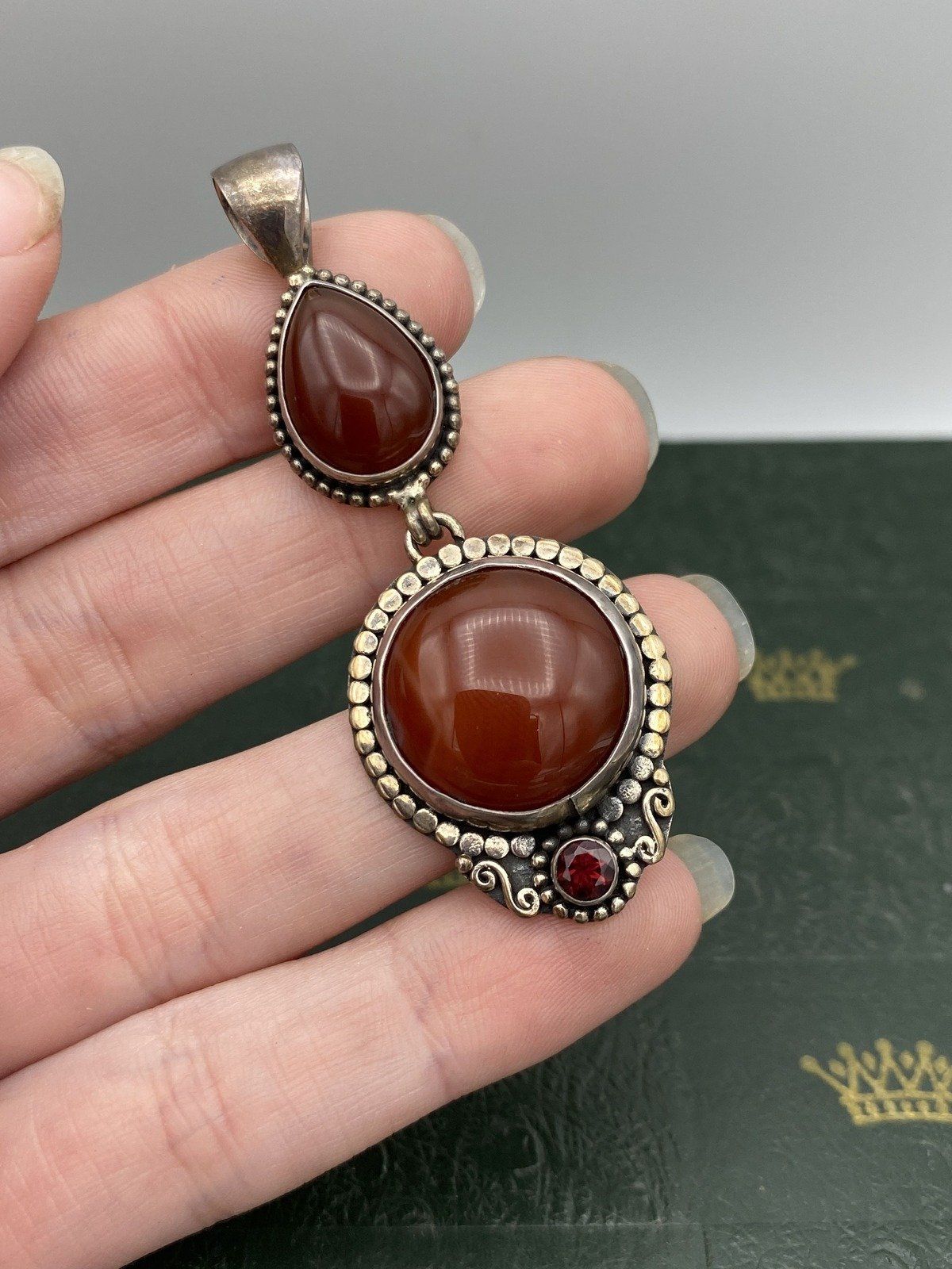 Modern Sterling Silver Carnelian Tiered Drop Pendant w Garnet Accent 2