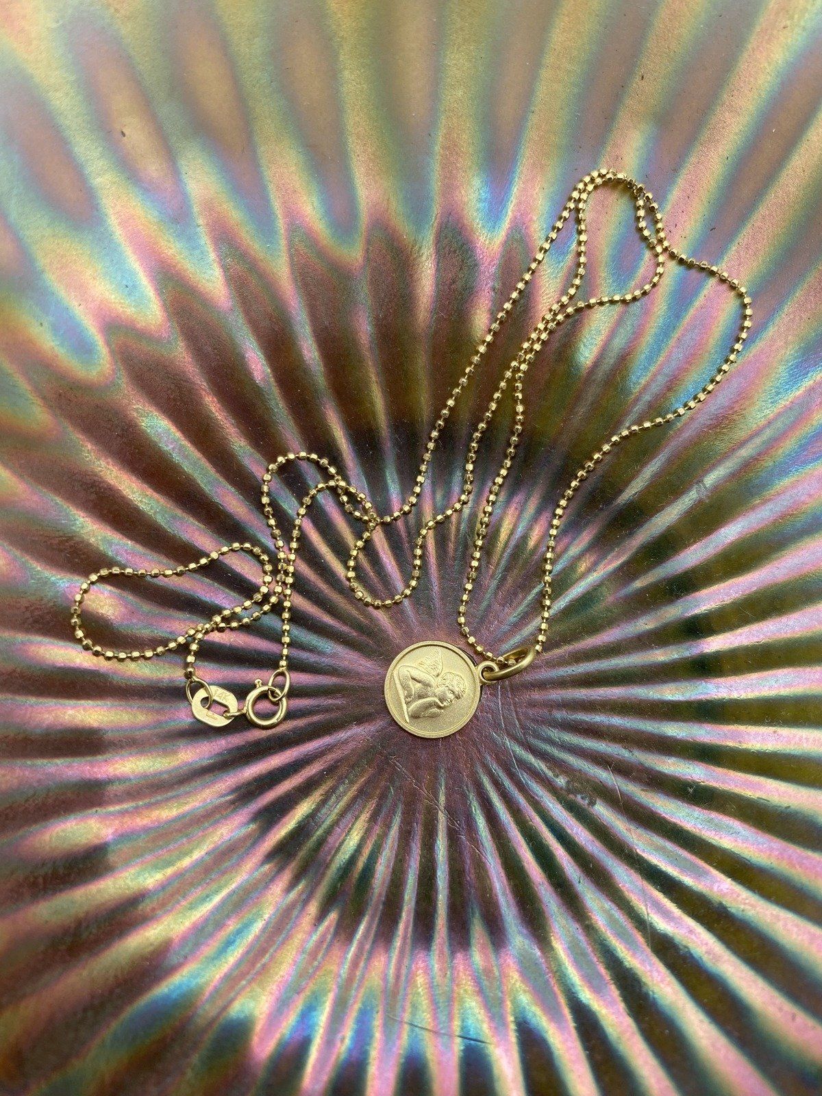 Fun 14k Gold Matte Brushed Cherub Coin 15L Drop Necklace w Briolette Ball Chain 5