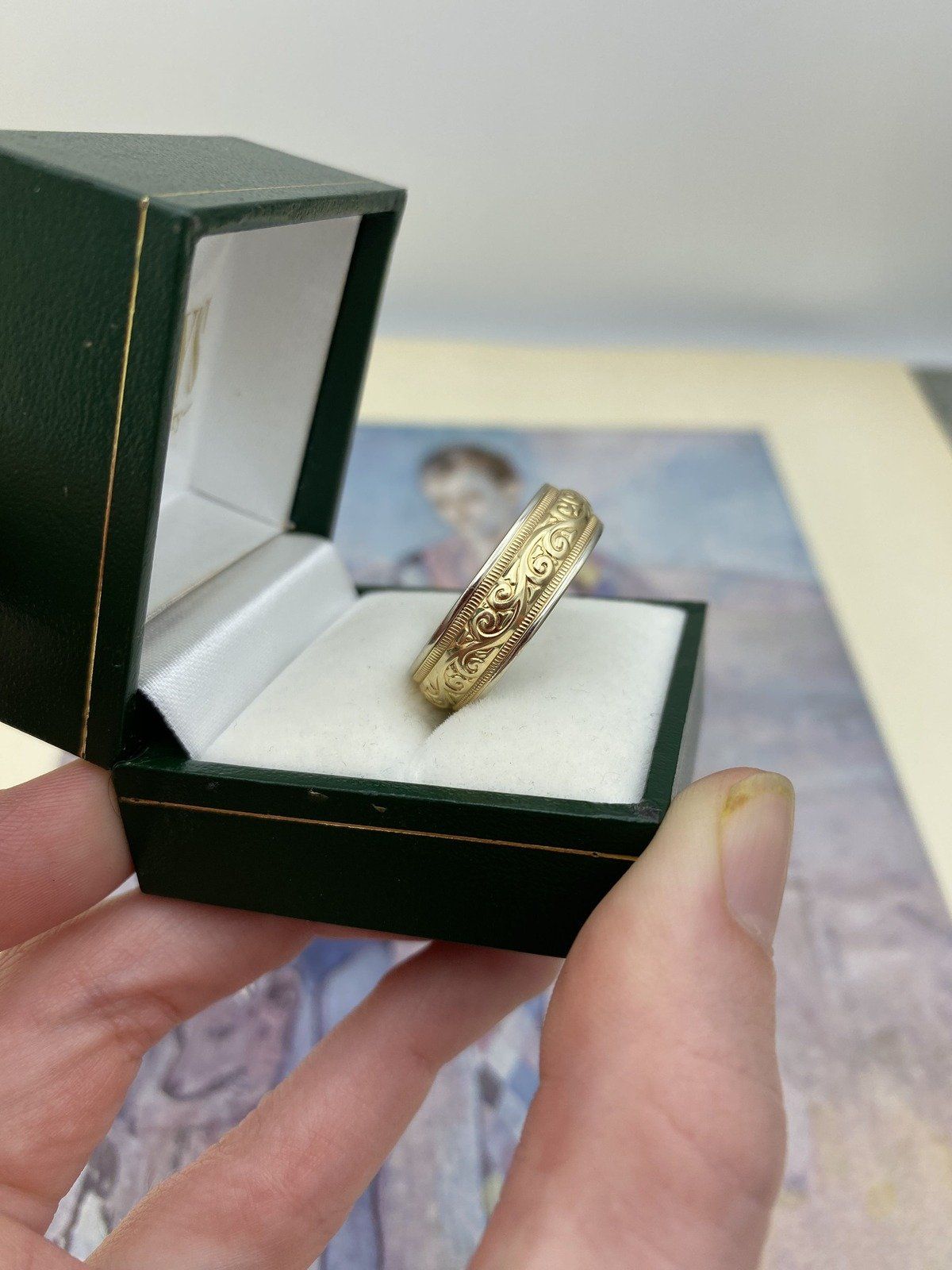 Modern Antique Inspired 14k Dual Gold Carved Men's Wedding Ring Band 4