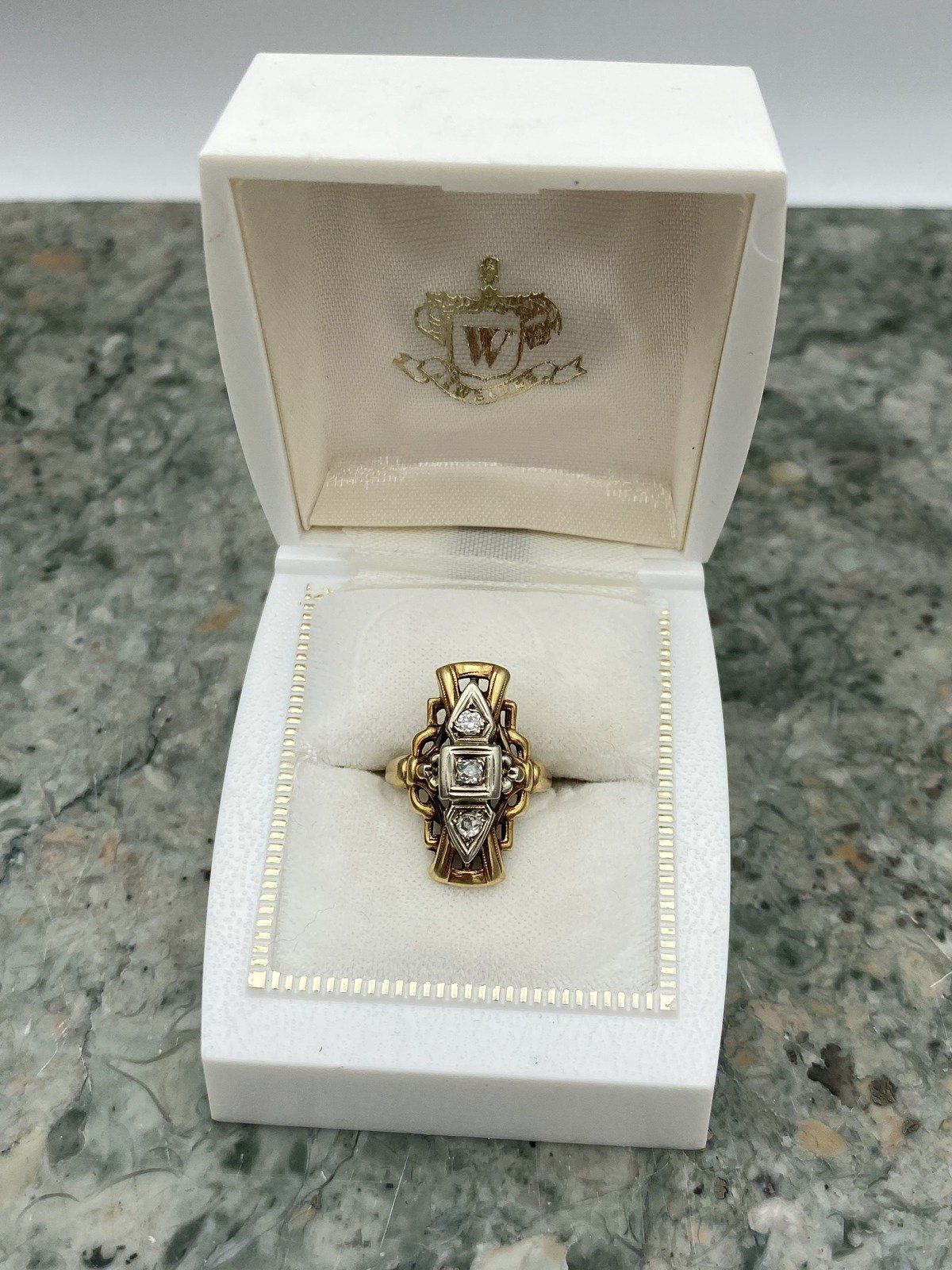 Antique 14k Gold Skeletal Diamond Navette Ring w White Gold Setting #2768 3