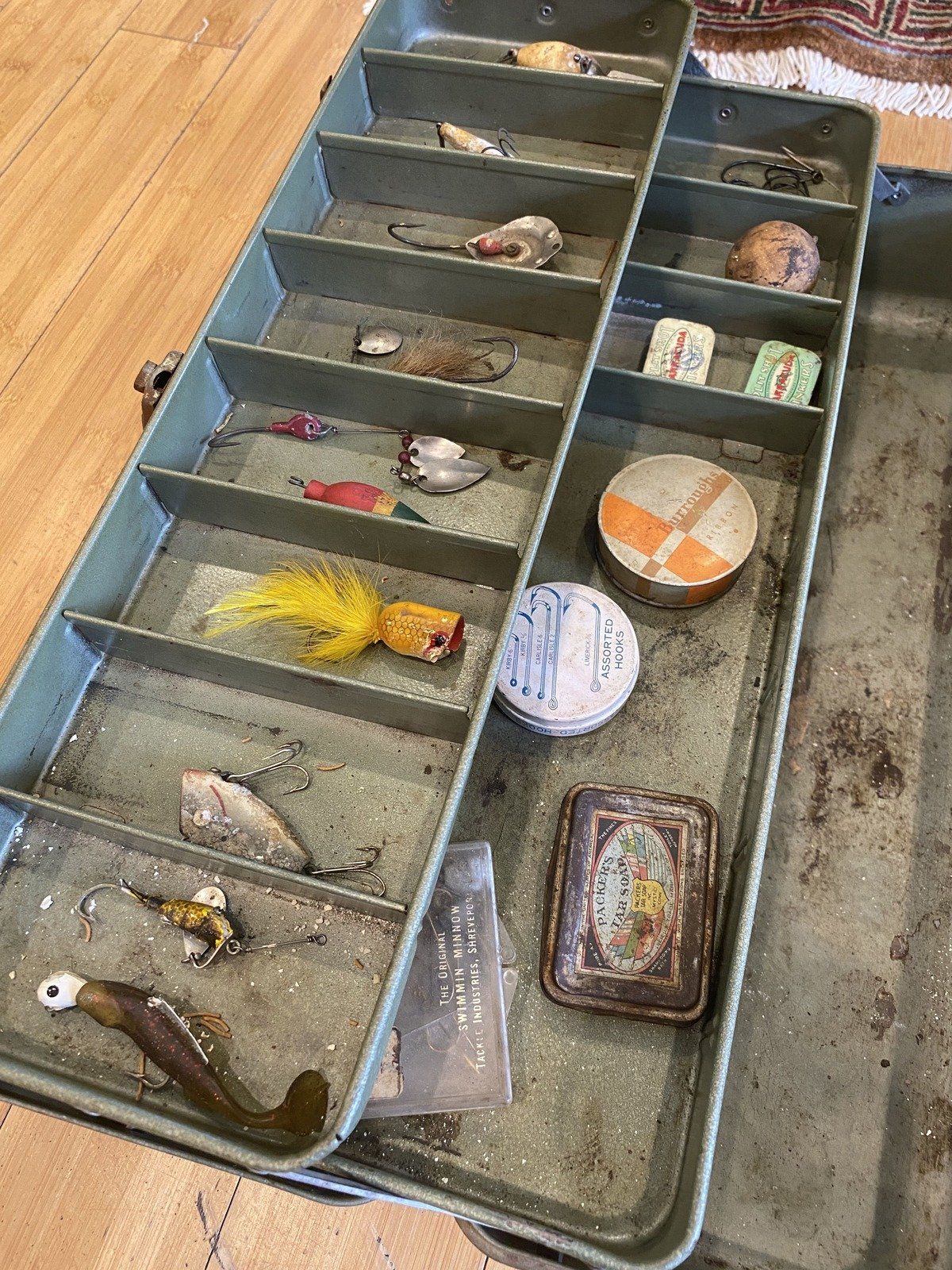 Vintage Belknap Blue Grass Metal Fishing/Tool Tackle Box + Misc. Fishing Accessories + Tins 5