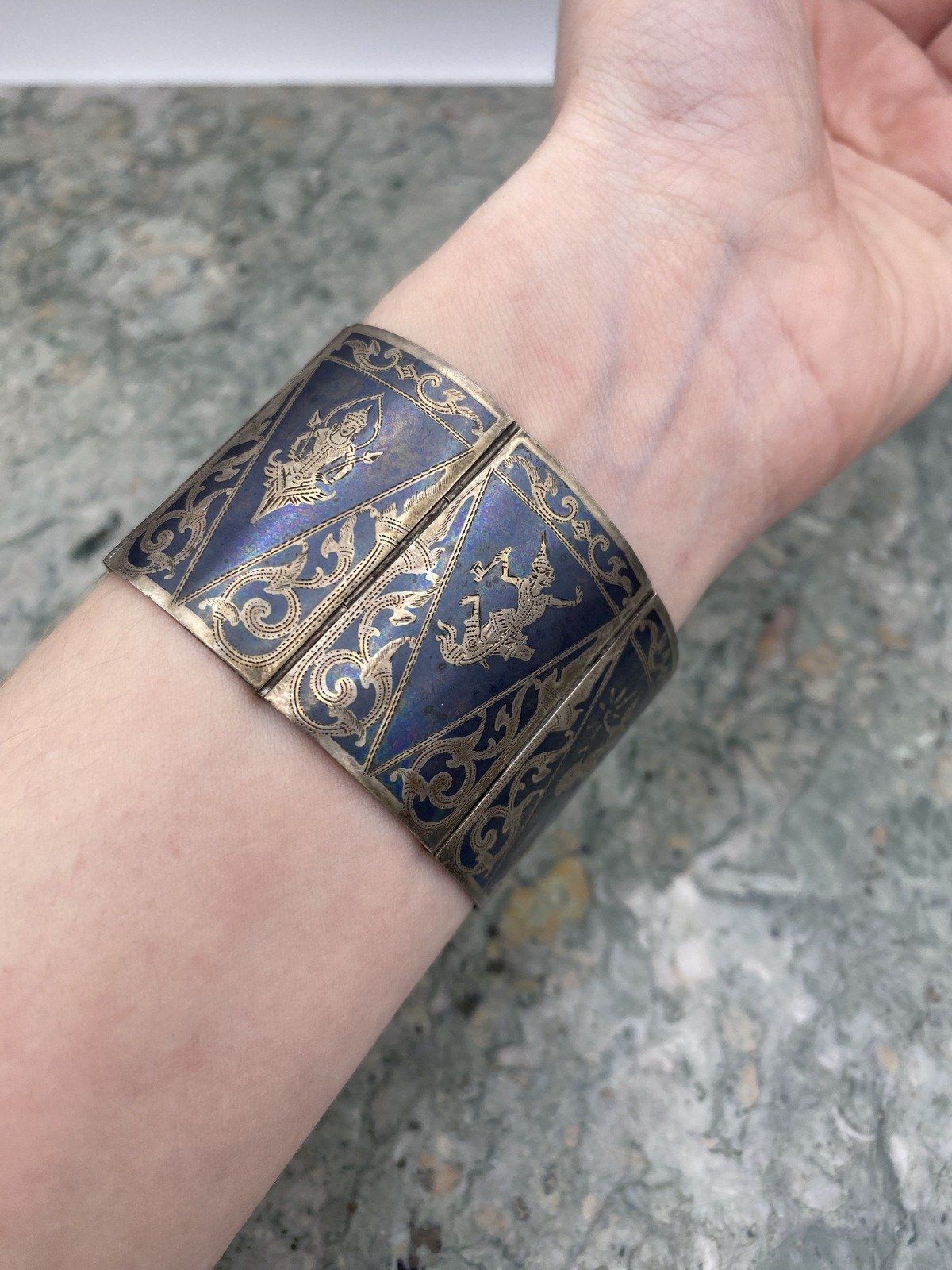 Vintage c.1940s/50s Siam Sterling Silver Book Link Figural Traditional Dancer Articulated Cuff Bracelet 6.5 8