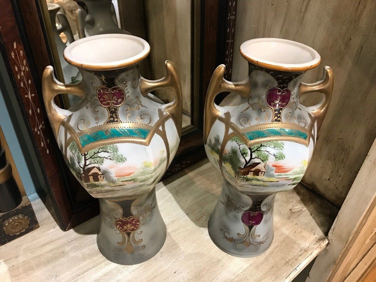 Pair of Royal Nippon Mirage Lake Hand Painted Vases 2