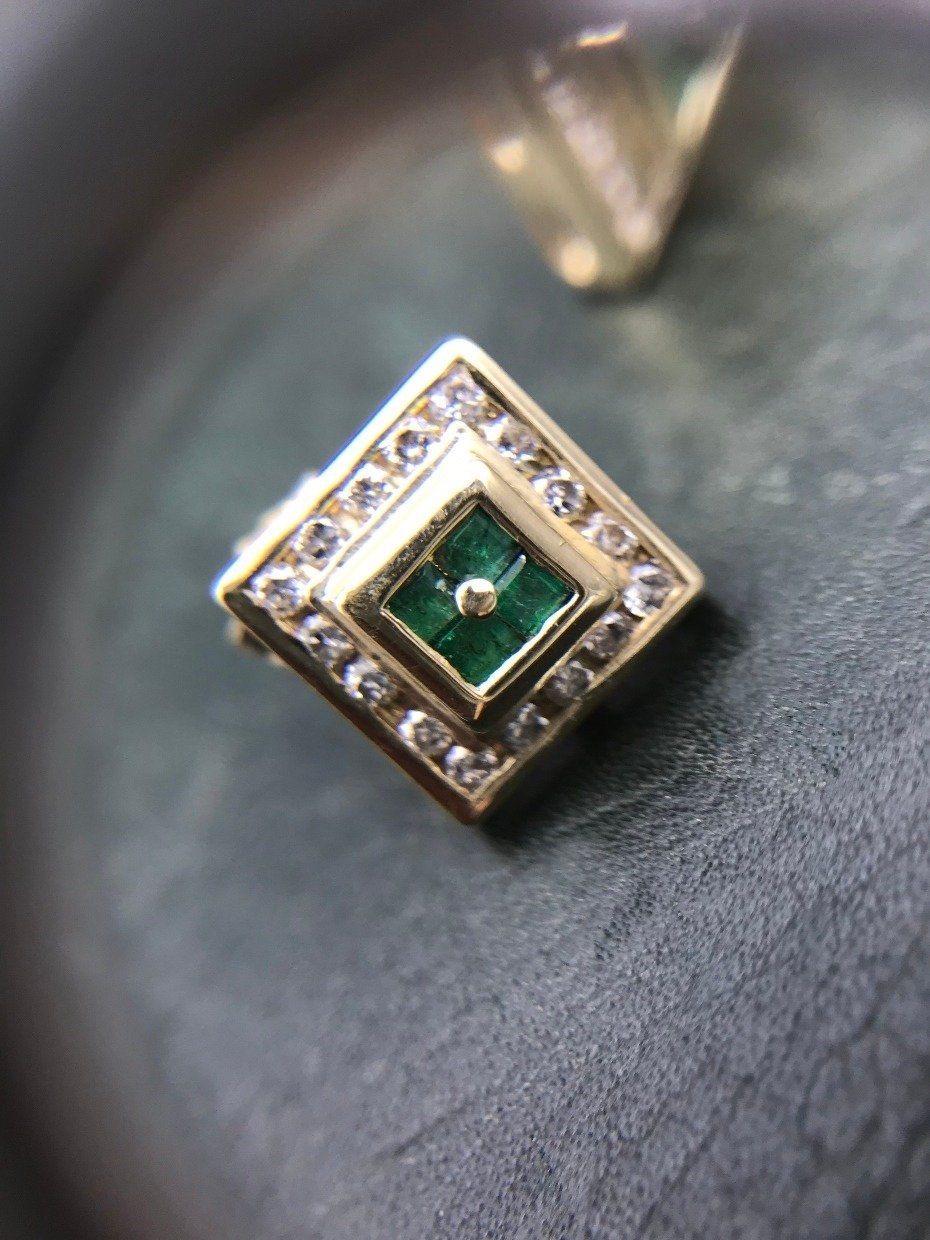 14k Gold Emerald + Diamond Square Step Stud Earrings 4