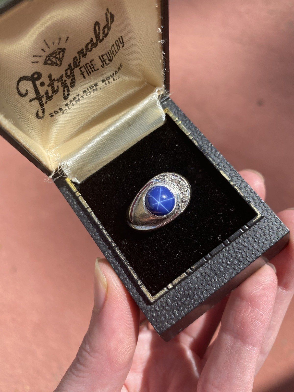 Antique Edwardian 14k Brushed White Gold Star Blue Sapphire + Old Mine Diamond Art Deco Ring 7