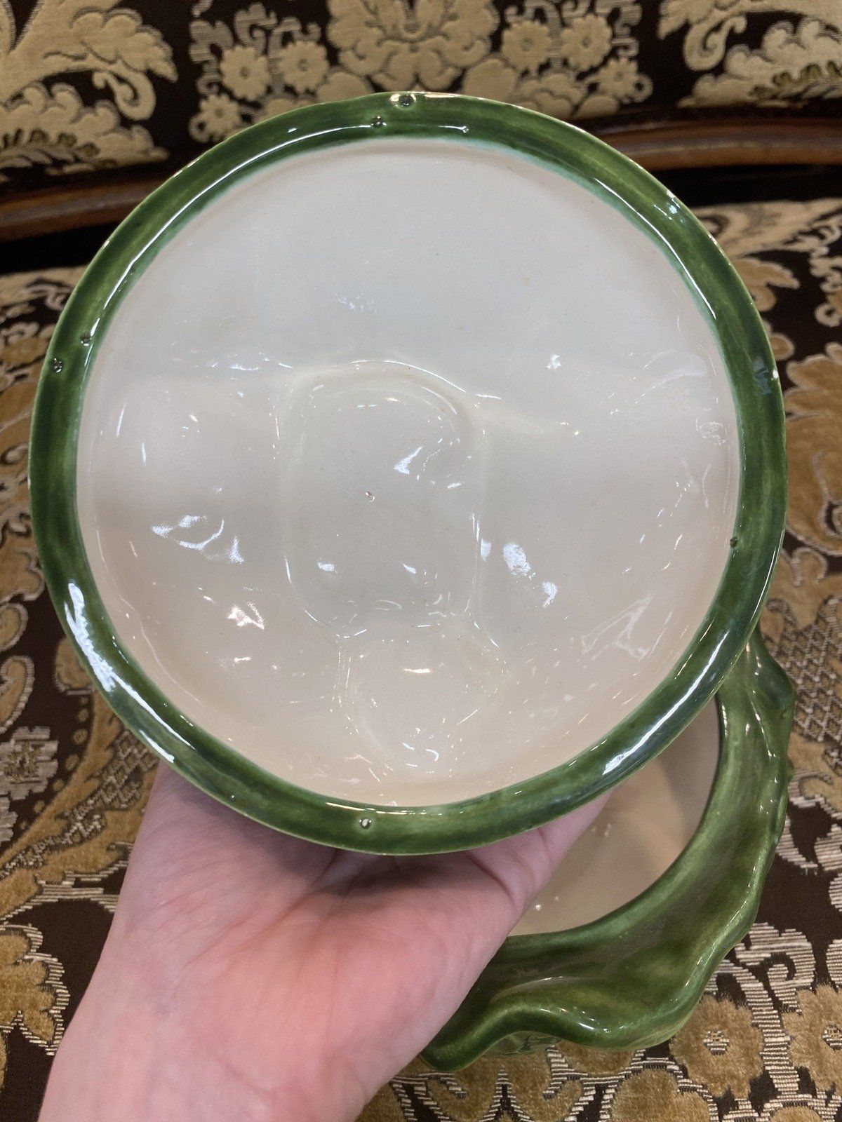 Vintage Holland Mold Lidded Cabbage Leaf Majolica Ceramic Serving Bowl + Lid 11