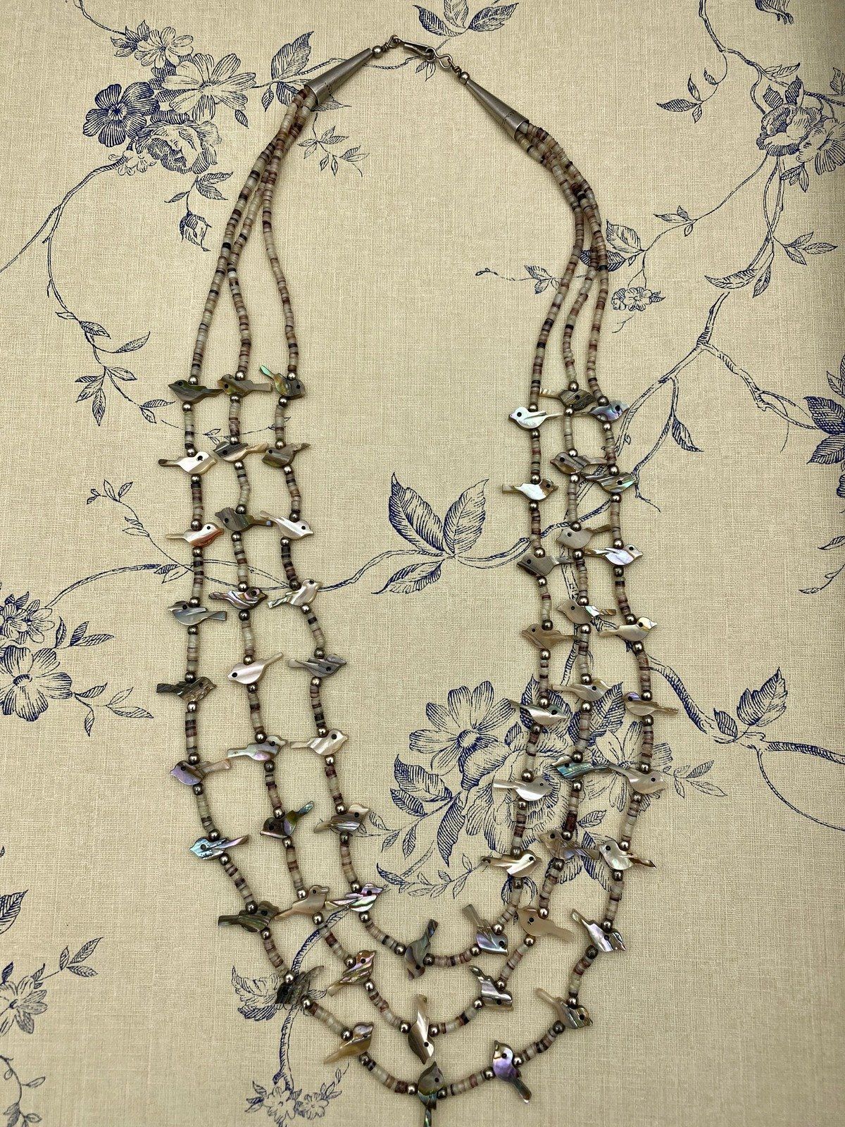 Old Sterling Silver Native American Abalone + Mother of Pearl Bird Fetish Carving Multi Strand Necklace w Horn Accents 2