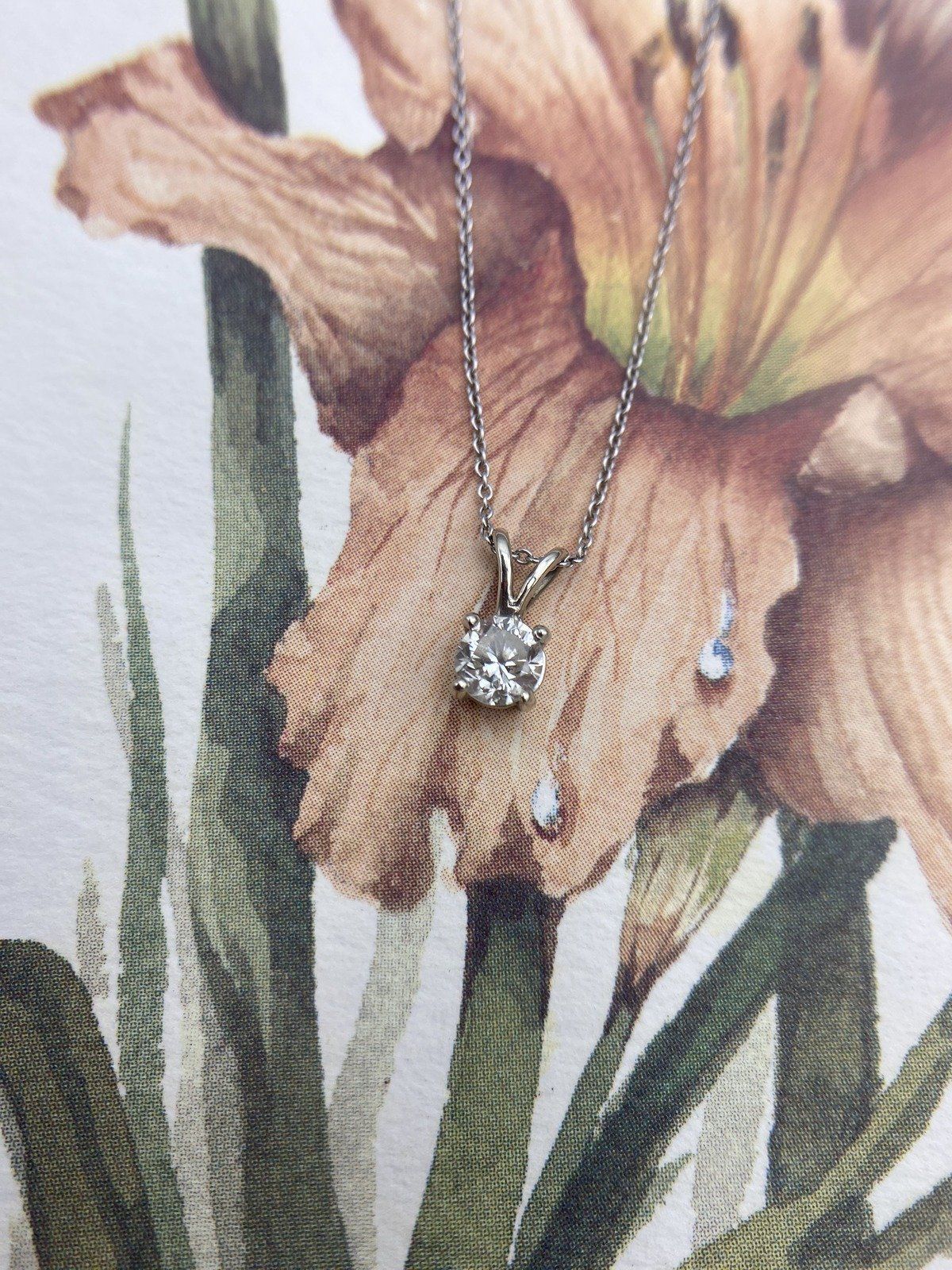 Firey Vintage 14k White Gold Natural .65ct Round Cut Solitaire Diamond Drop Necklace w Sturdy Cable Chain 16L 26