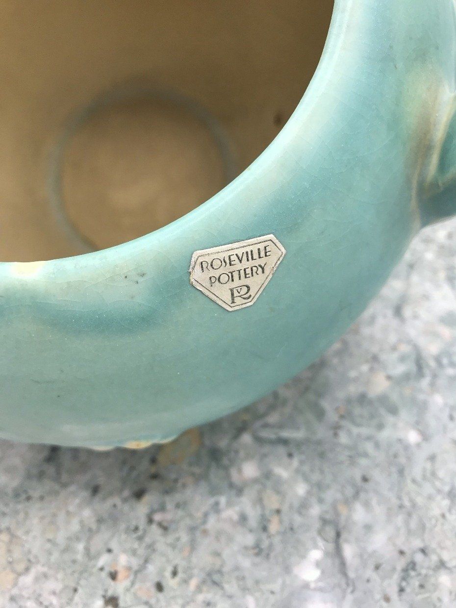 Roseville Pottery Tiffany Blue + Bloom Squat Vase 2