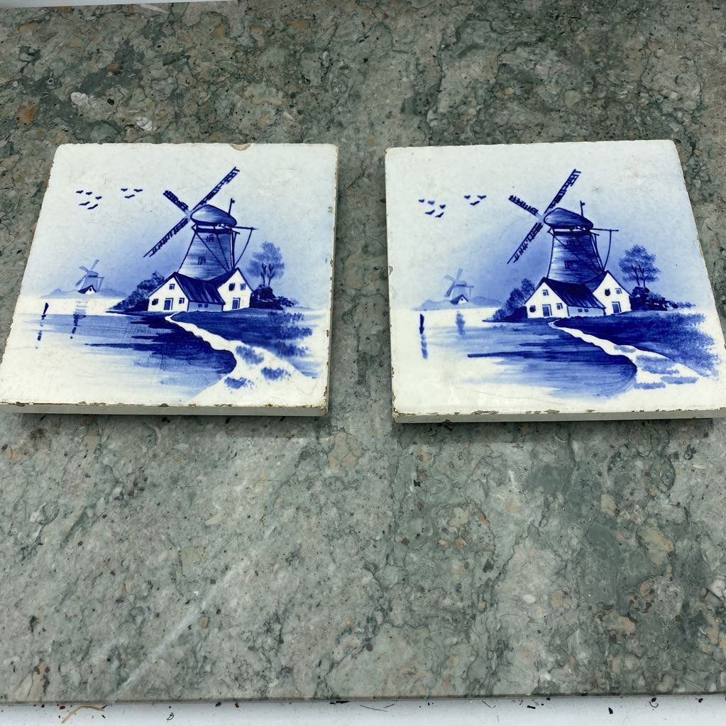 Antique Ceramic German Delft Blue + White Windmill Trivets