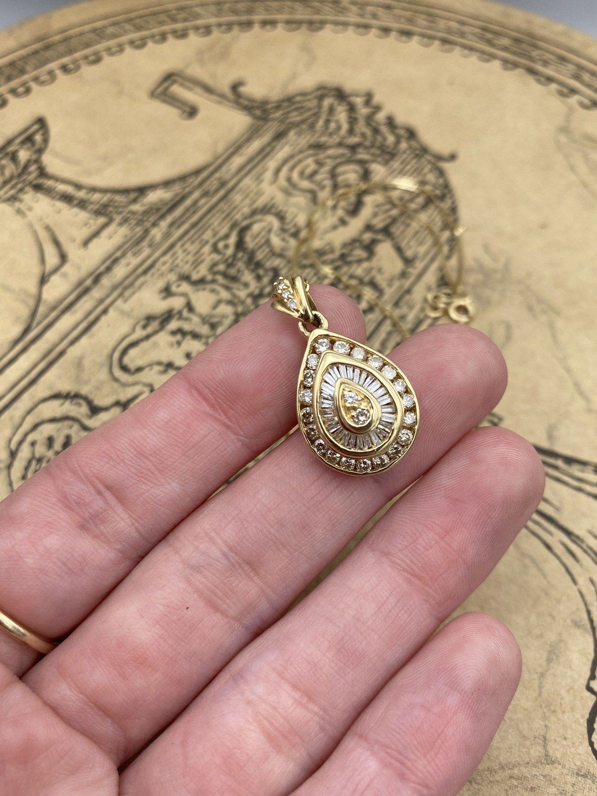 14k Gold Baguette + Round Channel Set .50ctw Diamond Drop Necklace 18L 8