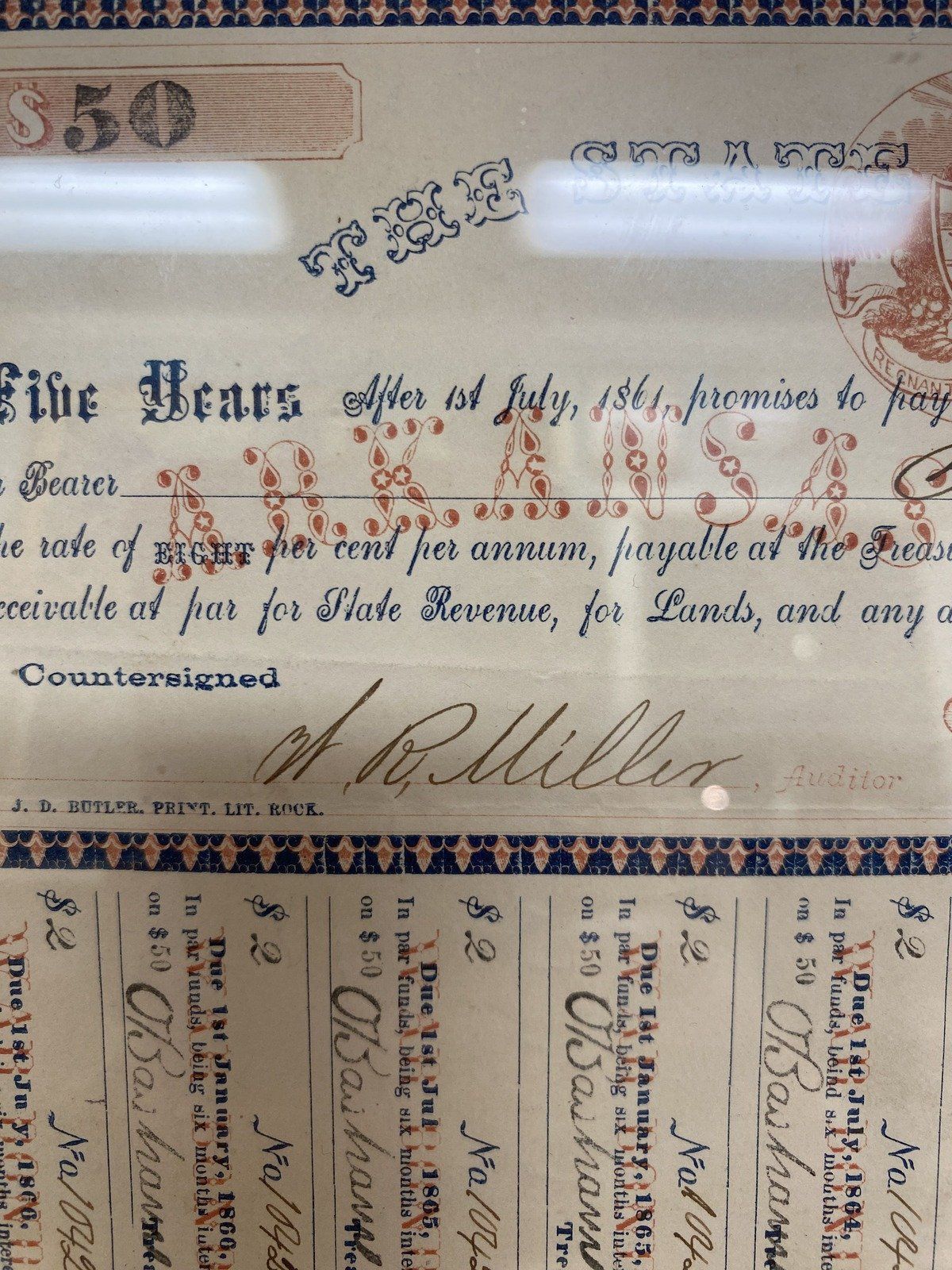 Framed Civil War Era Arkansas State c.1861 $50 War Bond 7