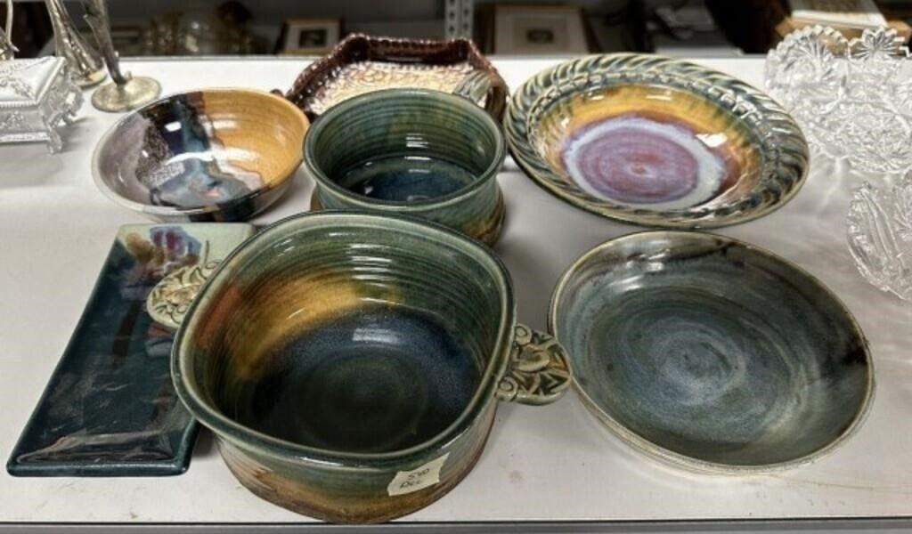 Signed Glazed Pottery Bowl w Ornate Handles 540