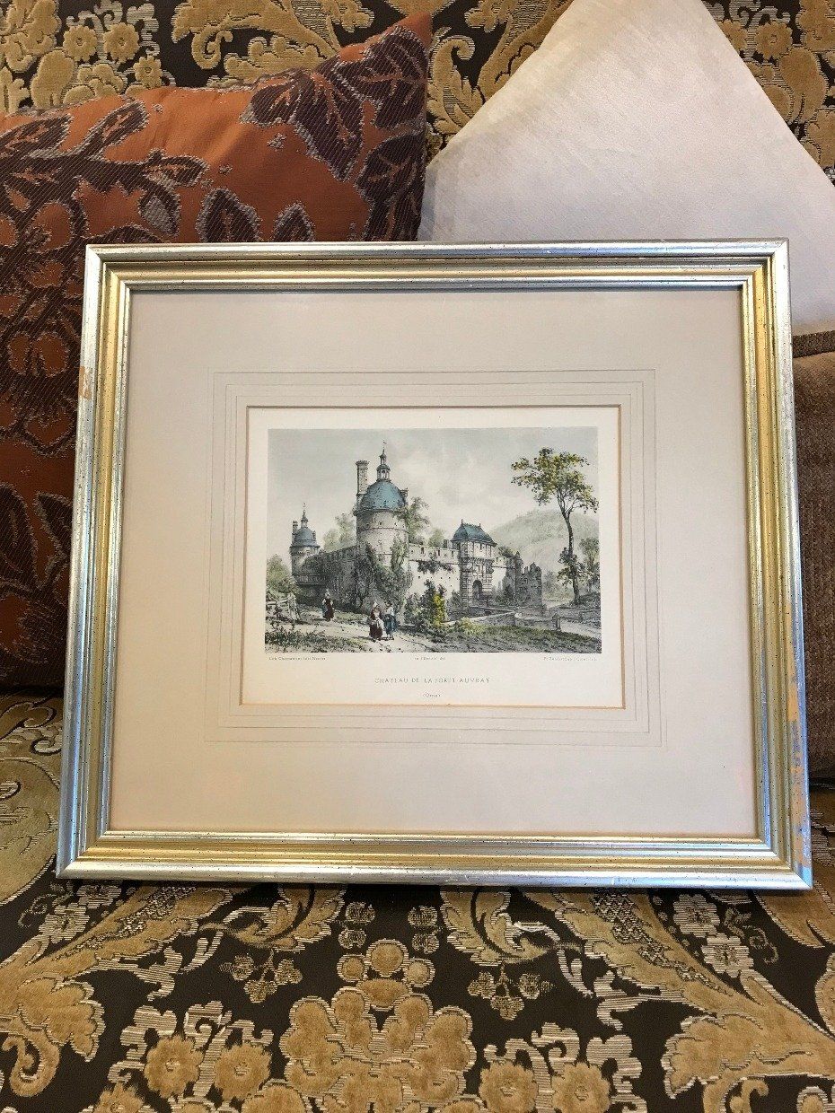 Two Toned Gilt Framed Colored Lithograph Chateau De La Foret-Auvray