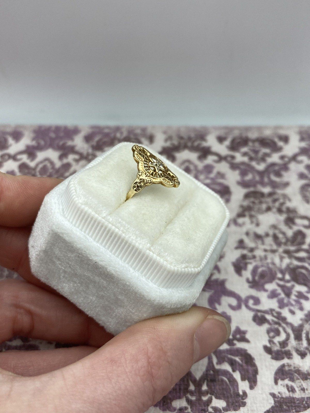 Antique 10k Gold Petite Filigree Star Burst Melee Diamond Navette Pinky Ring 4