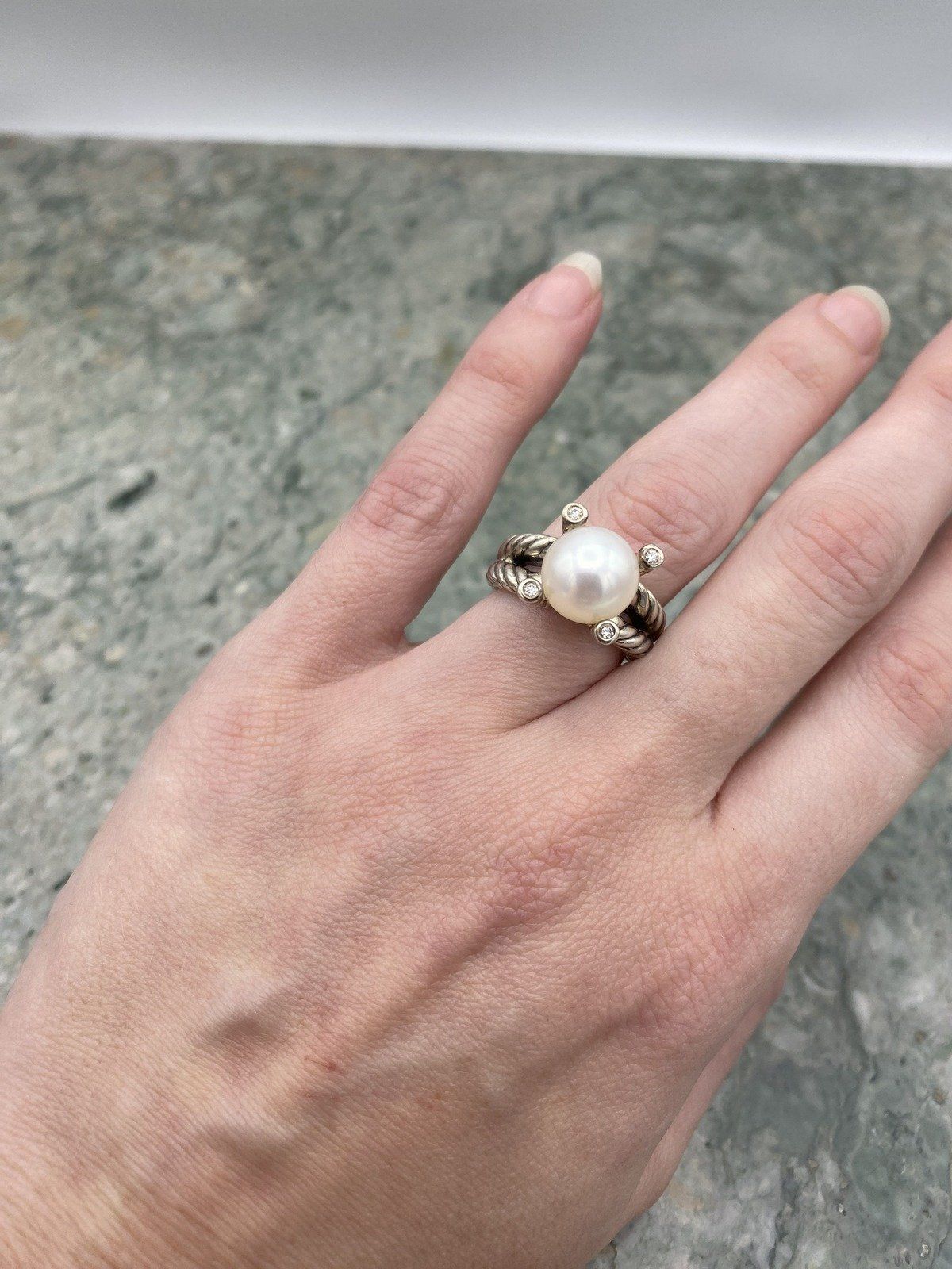 David Yurman Sterling Silver Rope Twist + Pearl + Diamond Prong Solitaire Ring 7