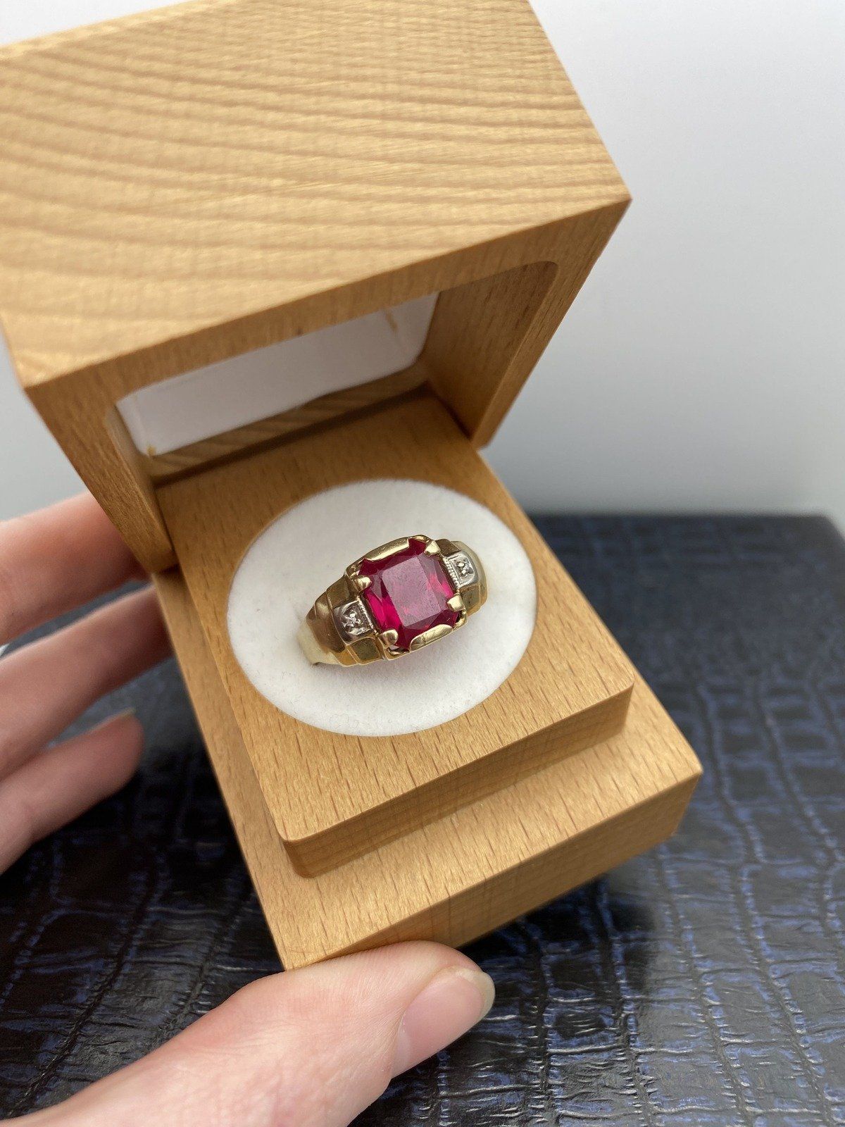 Antique Men's 14k Gold Ruby Glass + Diamond Ring 2